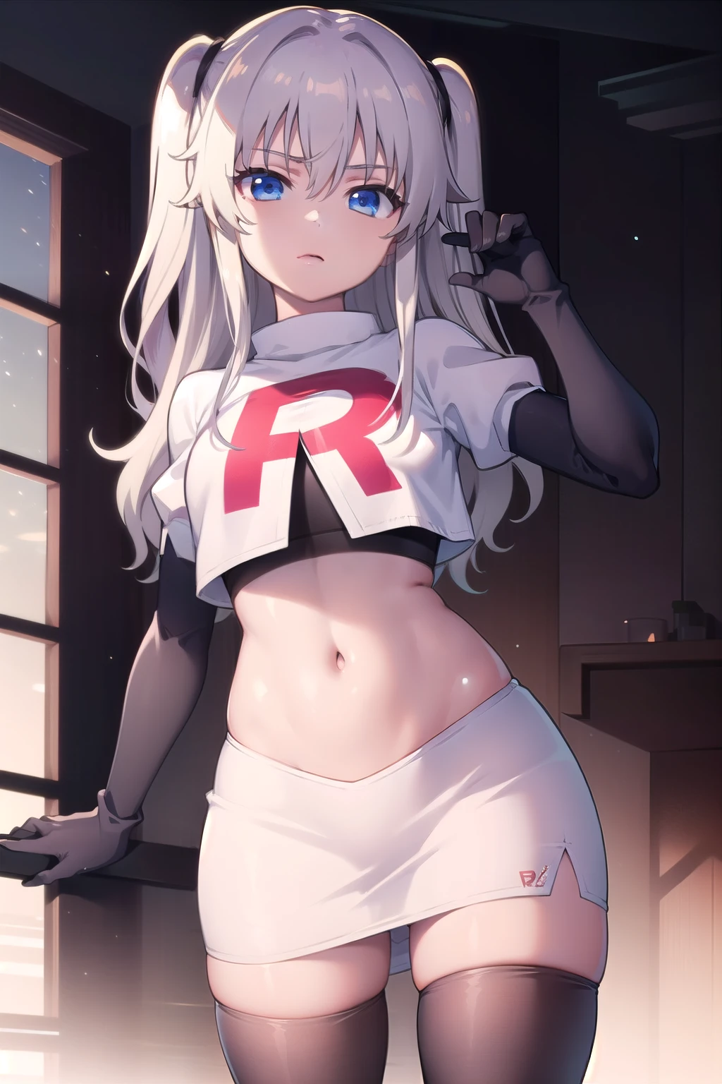 1girl,åå©å¥ç»ª,long hair,two side up,white hair,blue eyes,hair between eyes,
team rocket,team rocket uniform,white skirt,red letter R,crop top,black thigh-highs,black elbow gloves,, (masterpiece:1,2), best quality, masterpiece, highres, original, extremely detailed wallpaper, perfect lighting,(extremely detailed CG:1.2),