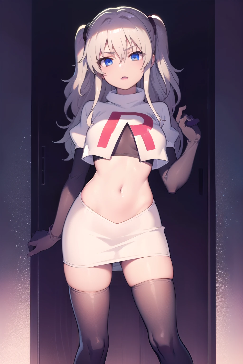 1girl,åå©å¥ç»ª,long hair,two side up,white hair,blue eyes,hair between eyes,
team rocket,team rocket uniform,white skirt,red letter R,crop top,black thigh-highs,black elbow gloves,, (masterpiece:1,2), best quality, masterpiece, highres, original, extremely detailed wallpaper, perfect lighting,(extremely detailed CG:1.2),