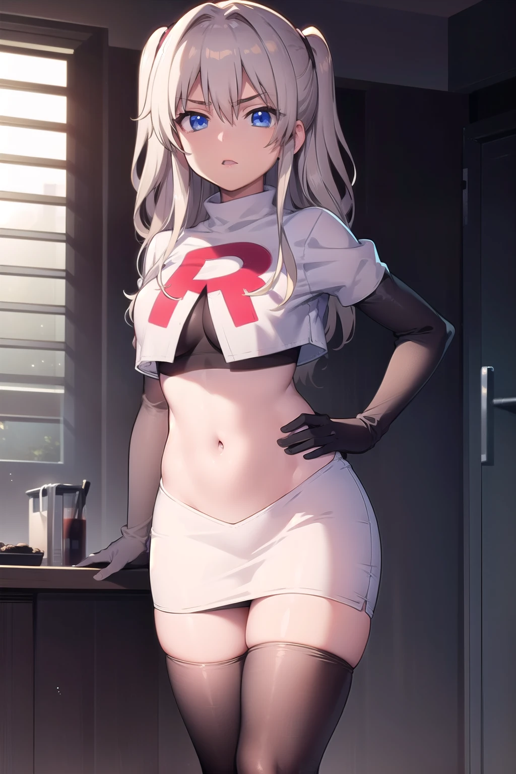 1girl,åå©å¥ç»ª,long hair,two side up,white hair,blue eyes,hair between eyes,
team rocket,team rocket uniform,white skirt,red letter R,crop top,black thigh-highs,black elbow gloves,, (masterpiece:1,2), best quality, masterpiece, highres, original, extremely detailed wallpaper, perfect lighting,(extremely detailed CG:1.2),