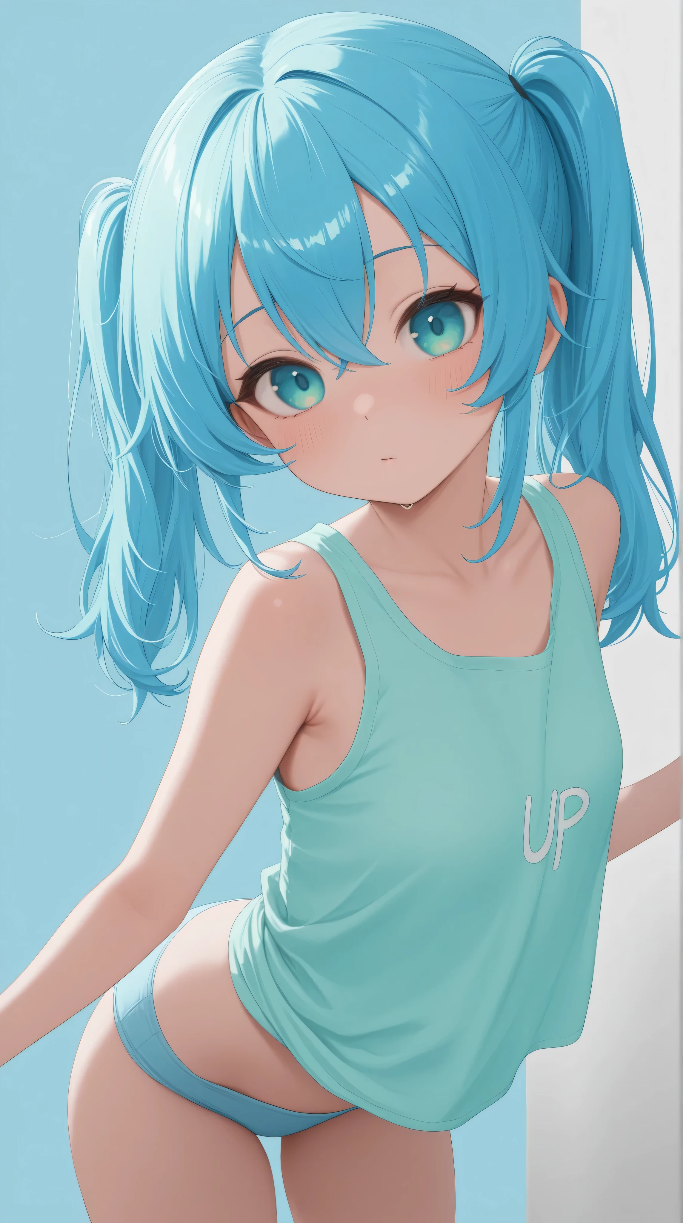 (masterpiece, best quality), 1girl,   Cyan Spiky Top with Tapered Sides, flat chest,    <lora:NoBra_CoveredNipples_FefaAIart:1> covered nipples