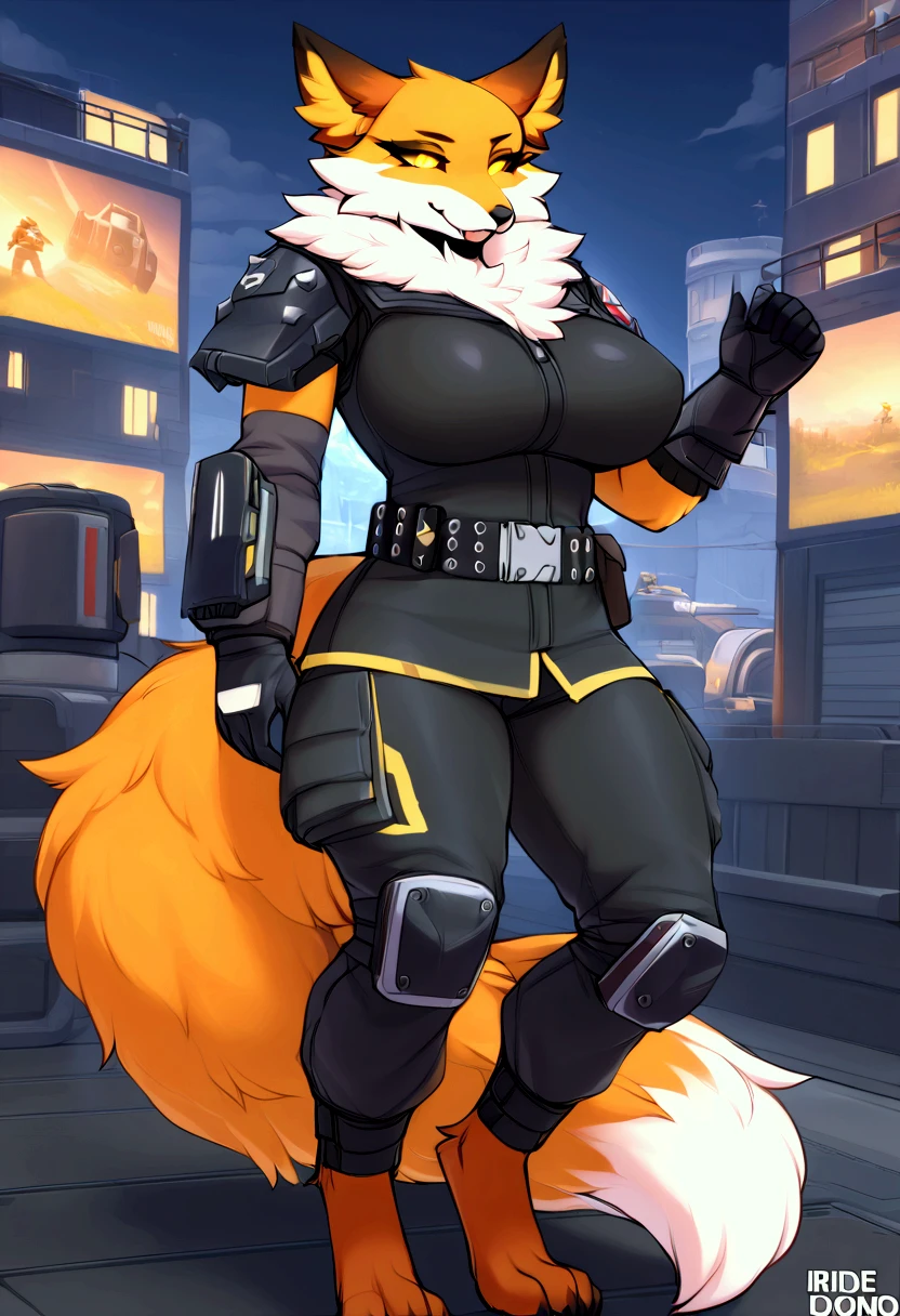 (top quality, best quality, Iriedono, High-quality illustrations, masterpiece, perfect artwork, cinematic light and shading, 16k, 1080p, uploaded on e621)(kemono, furry, anthro, alone), 1 larger female, (very detailed body, face, tail, arms, hands, legs, head and eyes), Helldiver, fox, Fennix, (Fortnite), big breasts, thick thighs, fur, fluffy, fox ears, fox fluffy tail, perfect eyes, yellow eyes, black pupils, beautiful Helldiver outfit, beautiful Helldiver armor, night city, body movement, body twitching, jiggle physics,