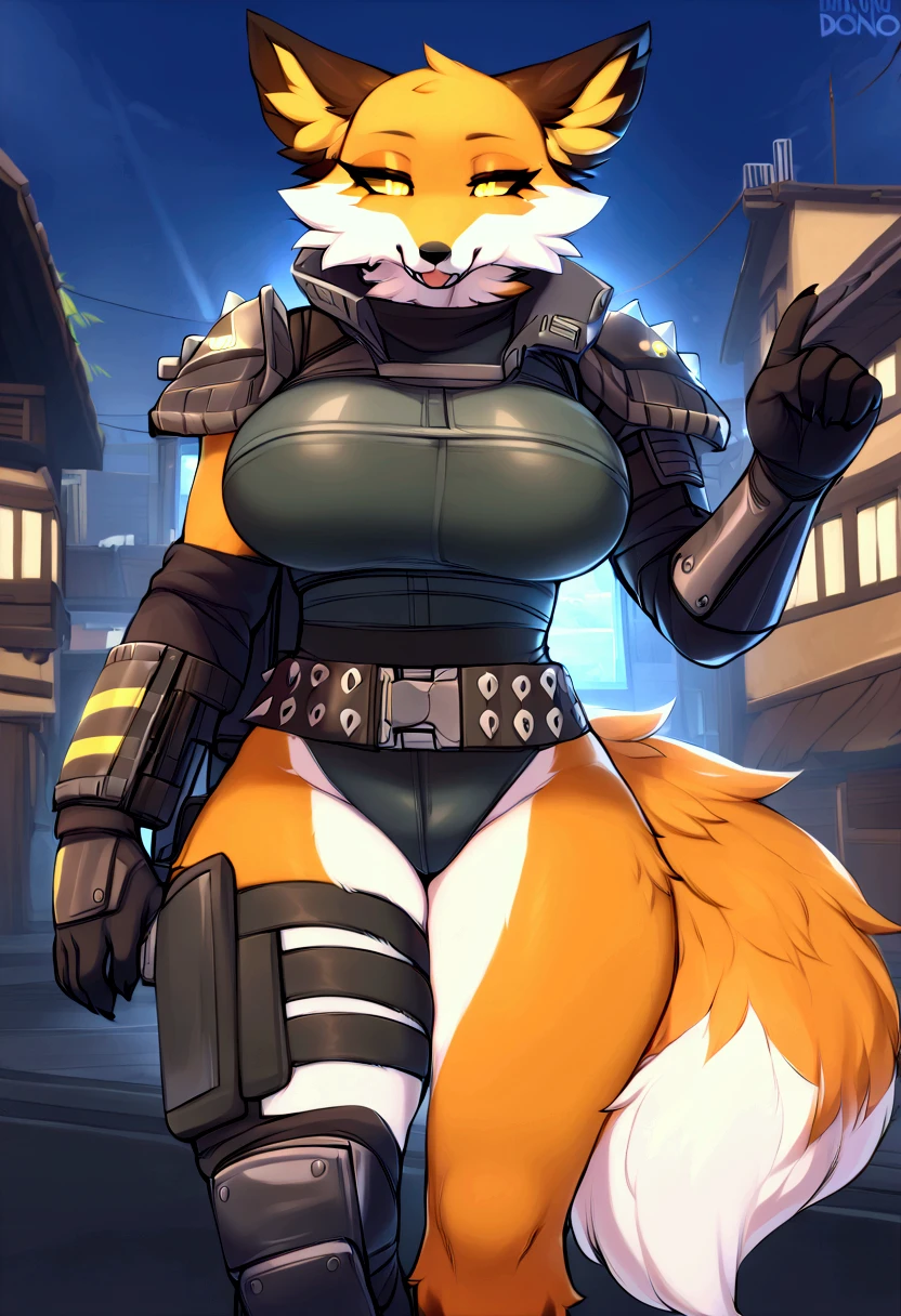 (top quality, best quality, Iriedono, High-quality illustrations, masterpiece, perfect artwork, cinematic light and shading, 16k, 1080p, uploaded on e621)(kemono, furry, anthro, alone), 1 larger female, (very detailed body, face, tail, arms, hands, legs, head and eyes), Helldiver, fox, Fennix, (Fortnite), big breasts, thick thighs, fur, fluffy, fox ears, fox fluffy tail, perfect eyes, yellow eyes, black pupils, beautiful Helldiver outfit, beautiful Helldiver armor, night city, body movement, body twitching, jiggle physics,