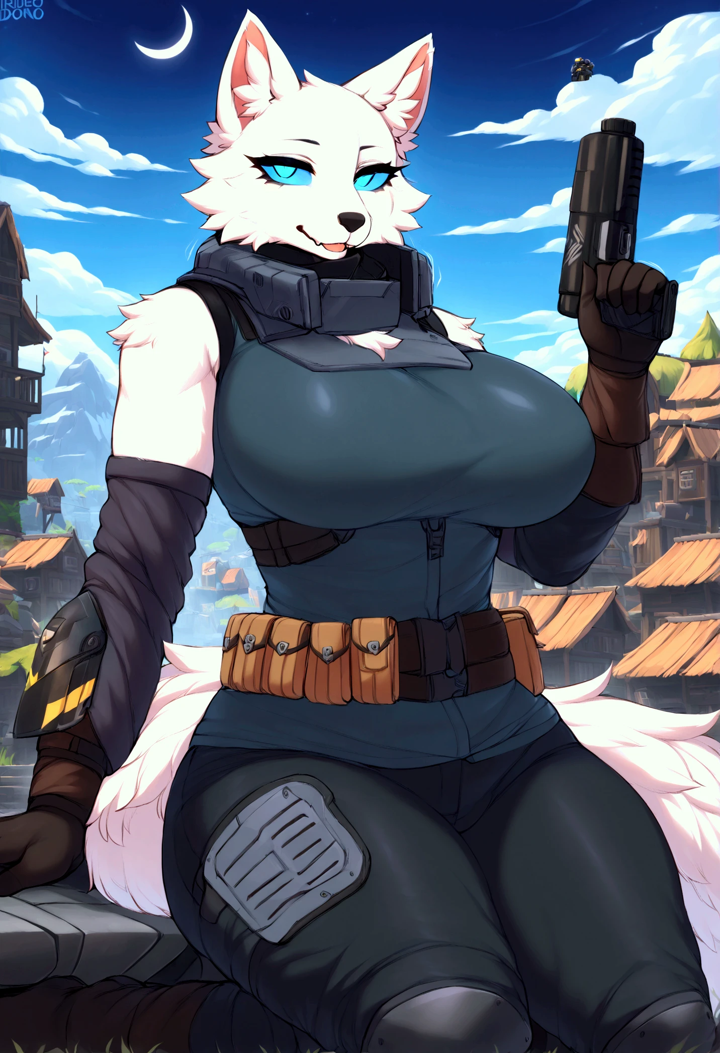 (top quality, best quality, Iriedono, High-quality illustrations, masterpiece, perfect artwork, cinematic light and shading, 16k, 1080p, uploaded on e621)(kemono, furry, anthro, alone), 1 larger female, (very detailed body, face, tail, arms, hands, legs, head and eyes), Helldiver, arctic white fox, Volpez, (Fortnite), big breasts, thick thighs, white fur, fluffy, white fox ears, white fox fluffy tail, perfect eyes, blue sclera eyes, beautiful Helldiver outfit, beautiful Helldiver armor, beautiful night village, body movement, body twitching, jiggle physics,