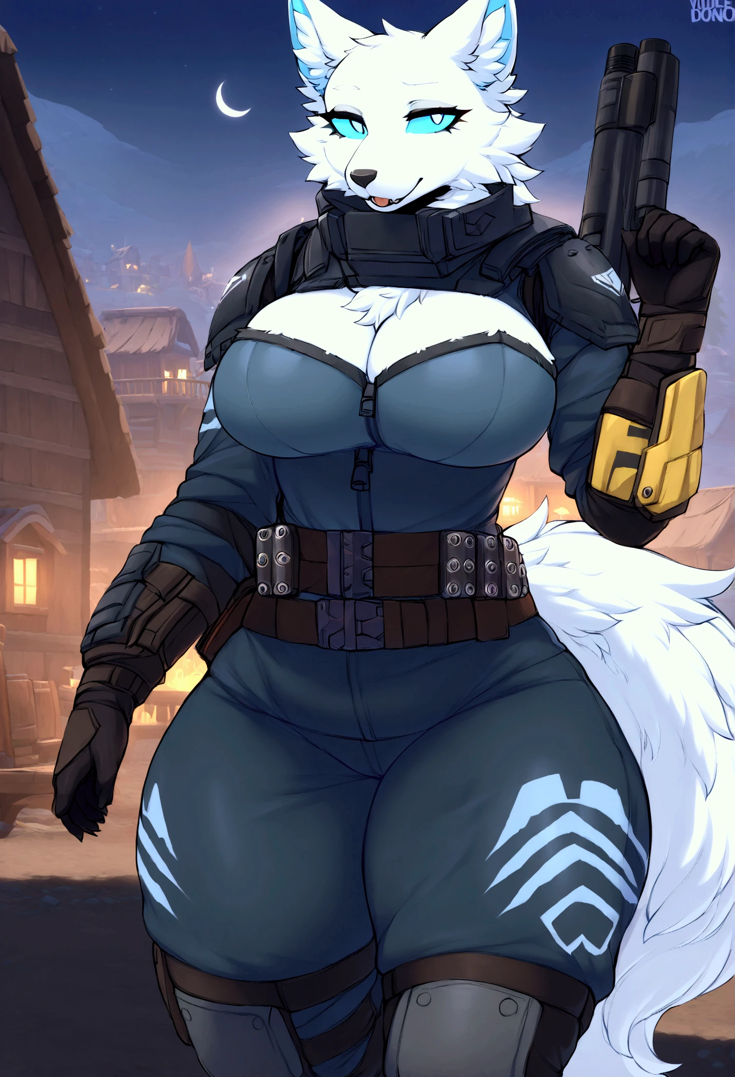 (top quality, best quality, Iriedono, High-quality illustrations, masterpiece, perfect artwork, cinematic light and shading, 16k, 1080p, uploaded on e621)(kemono, furry, anthro, alone), 1 larger female, (very detailed body, face, tail, arms, hands, legs, head and eyes), Helldiver, arctic white fox, Volpez, (Fortnite), big breasts, thick thighs, white fur, fluffy, white fox ears, white fox fluffy tail, perfect eyes, blue sclera eyes, beautiful Helldiver outfit, beautiful Helldiver armor, beautiful night village, body movement, body twitching, jiggle physics,