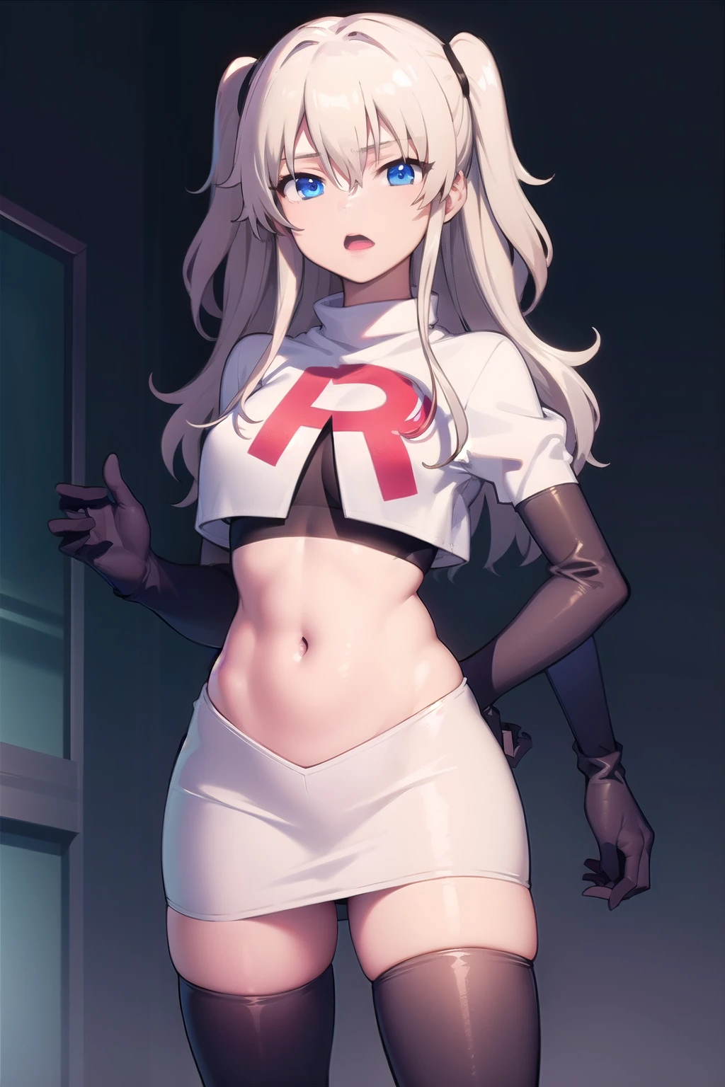 1girl,åå©å¥ç»ª,long hair,two side up,white hair,blue eyes,hair between eyes,
team rocket,team rocket uniform,white skirt,red letter R,crop top,black thigh-highs,black elbow gloves,, (masterpiece:1,2), best quality, masterpiece, highres, original, extremely detailed wallpaper, perfect lighting,(extremely detailed CG:1.2),