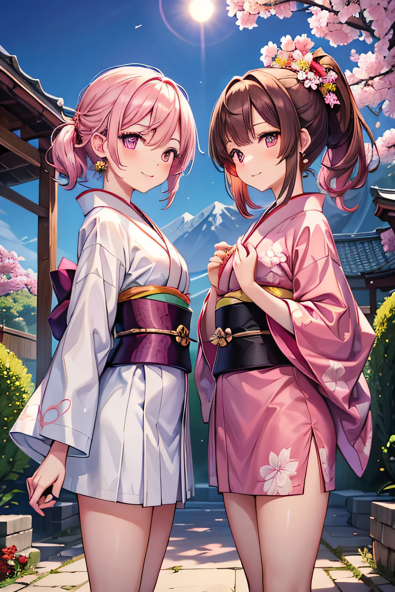 two shot, 2 robot girls, masterpiece, best quality, ultra-detailed, extremely detailed, 4K, 8K, best quality, beautiful, no bad anatomy ,watercolor, anime style, dynamic angle, jumping pose, Japanese-style room, 2 cute girls, shrine maiden, beautiful pink hair, beautiful silver eyes, beautiful eyes, ponytail, flowers, Japanese sword, smile, light smile, sparkling effect