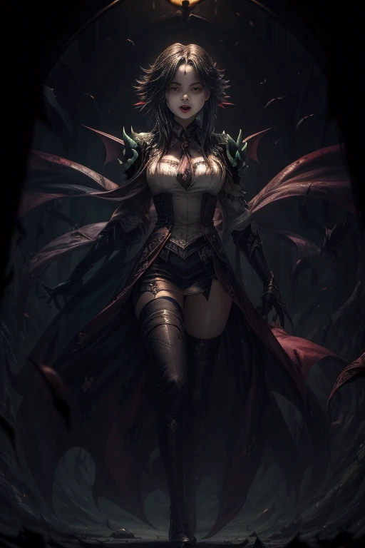 Vampire Girl , Masterpiece, ,(独奏:1.1), a perfect face, (vivid lighting:1.2),beautiful detail eyes, extremely detailed face, perfect lighting,Masterpiece, Best Quality, 1girl, pale skin, hairlong, 20years old , red eyes, fangs, A glass of blood in his hand, Complex hairstyle, vampire fangs, open mouth, sharp teeth, vampire fangs, in full height , seductive position,