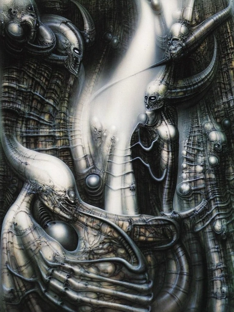 g1g3r, Giger_style, The image is a detailed view of H.R. Giger's \" Li II \" plate, featuring a complex network of bones and organs in a purple-brown hue ,swirling gray and brown colorsgroup of three alien figures positioned in the foreground.  Emaciated and skeletal, with hollow eyes, they appear to be constructed from bone and  metallic  elements,  a  characteristic  fusion  of  organic  and  mechanical  forms  found  in  Giger's  biomechanical  art.  
 The image features a robotic humanoid figure with intricate mechanical details, standing in a room and a hand reaching out to touch its face.  The background is a dark and  limited  space  painted  in  a  uniform  blue-green color.  This  lack  of  detail  keeps  the  focus  on  the  figures  and  creates  a  sense  of  mystery  about  their  environment.  Receding into the distance  are  a  series  of  arches  and  tunnels  that  hint  at  a  larger  biomechanical  landscape,  possibly  the  work  of  the  creatures  themselves The artwork is silver and purplish brown, with an ivory bones prominently displayed. The image is highly detailed and intricate, almost like a 3d version of a medical diagram (detailed view of an anatomy model, possibly of a human body, with transparent organs and bones exposed). The piece has a thick mechano-organic texture and is covered in fine details. The image has a swirling, organic quality to it. The artistic manner would be unmistakably Gigeresque. A dark and unsettling beauty would permeate the piece, blurring the lines between fascination and repulsion , forever haunted by the grotesque allure. Giger's signature artistic manner would be evident in every stroke. The airbrush would be wielded with masterful precision to create a hyperrealistic yet nightmarish aesthetic.., ooze soaked pajama top
