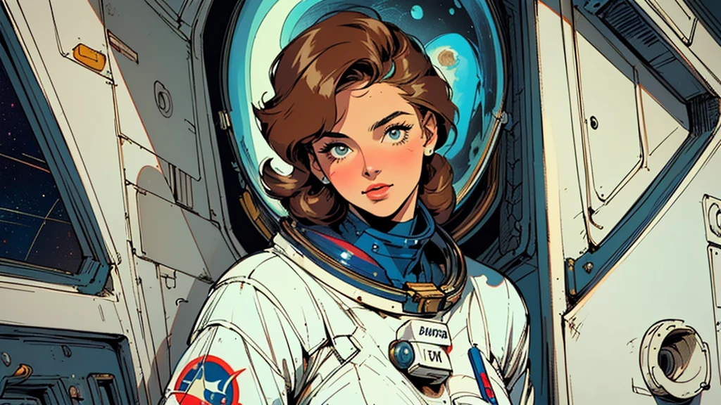 Outer space, Woman sitting in space Shuttle Cockpit, hairbun, looking shy questioning to Viewer from Beneath, Freckles, Pantyhose, spreading legs, loose See through blouse, bright Red Stars outside huge Cockpit Windows to space, high Quality