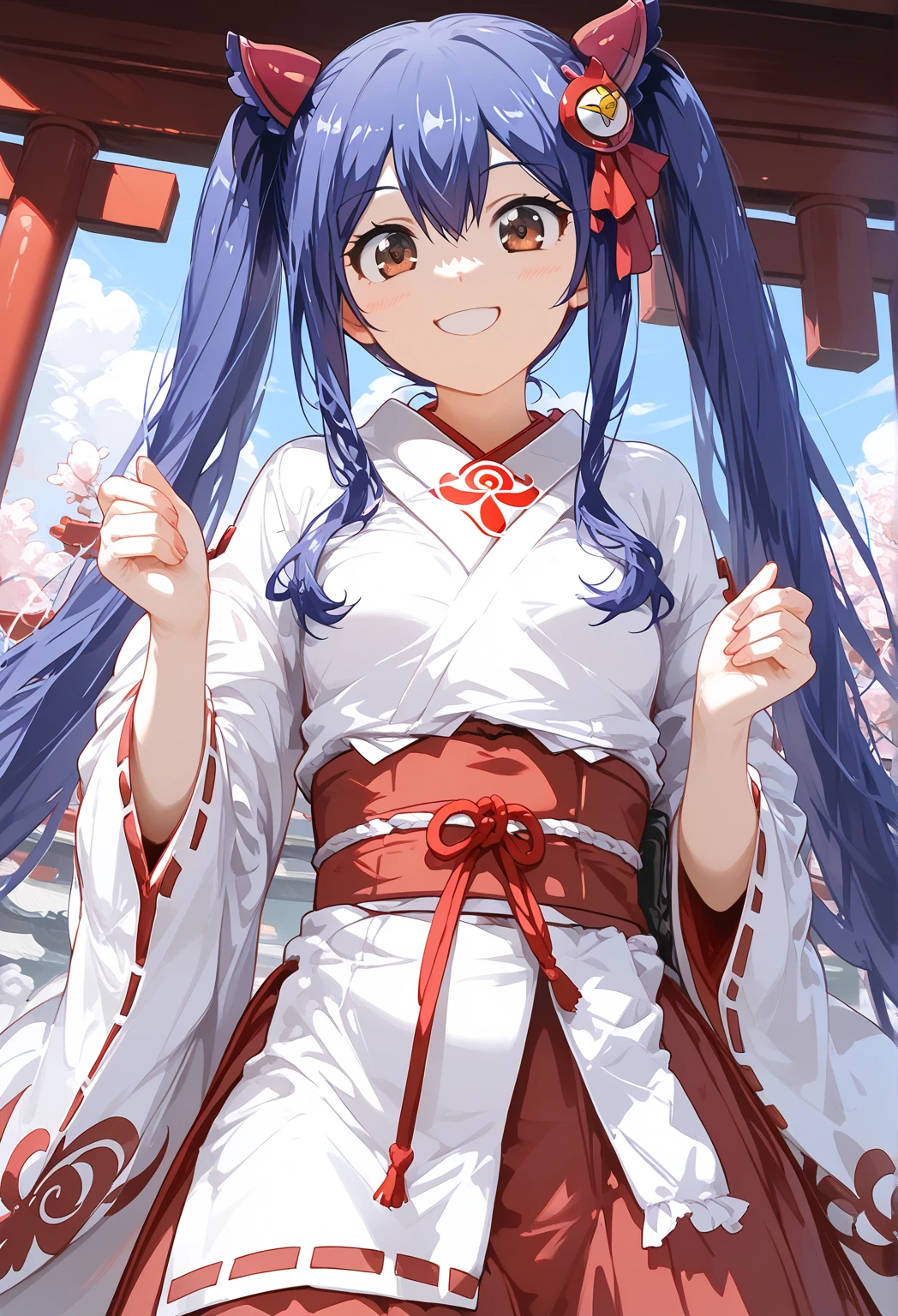 masterpiece, soft light, (((highest quality, perfect anatomy, cowboy  shot,))), 1girl,  at shrine,  BREAK 

(((from front, shrine maiden,))) (( standing, happy, smile,)) place your hand in front of your stomach, BREAK

(super beautiful, cute, silky skin),  wahuku, BREAK 

wendy marvell, long hair, hair ornament, ribbon, hair between eyes, twintails, brown eyes, very long hair, blue hair,small breast,  BREAK