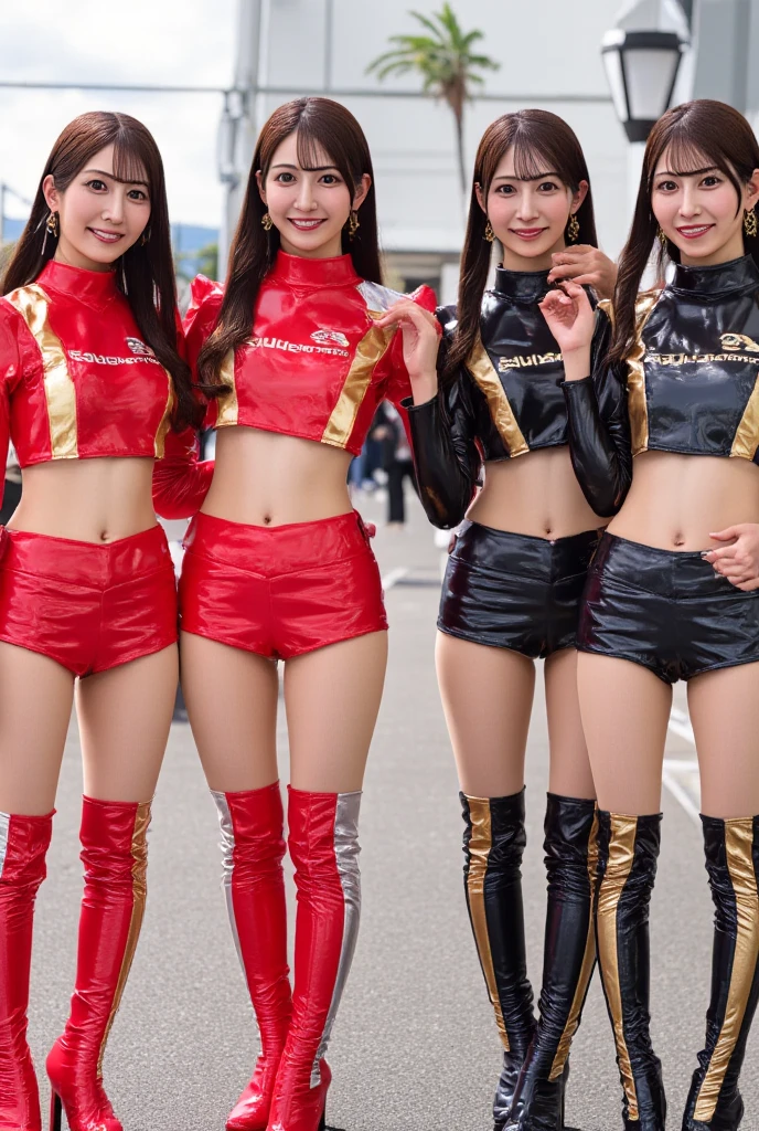 Zent, race queens,(A different face:1.2), skirt ,long  boots,(mini skirt :1.2), boots, long hair,( full body:3),midriff,smile, realistic, high heels,( beautiful Japanese woman:1.2), race queen,slender,smile,(dynamic_angle:1.2), Super high resolution , super detailed ,( detailed skin:1.1), different poses ,  beautiful face Japanese clothes , multi-girl , Everyone Looks Different ,A different face, detailed skinのテクスチャ, (:0.5), ( goosebumps:0.5),  subsurface scattering ,   RAW Candy Cinema  , 16mm,  Color Graded Portra 400 Film Shot on a Cinema Camera,  Remarkable Color , ultra  realistic,  Textured Skin,  Amazing Detailed Pupils ,  realistic dull skin noise,  showing skin details , Skin fuzz, dry skin,  Cinema 