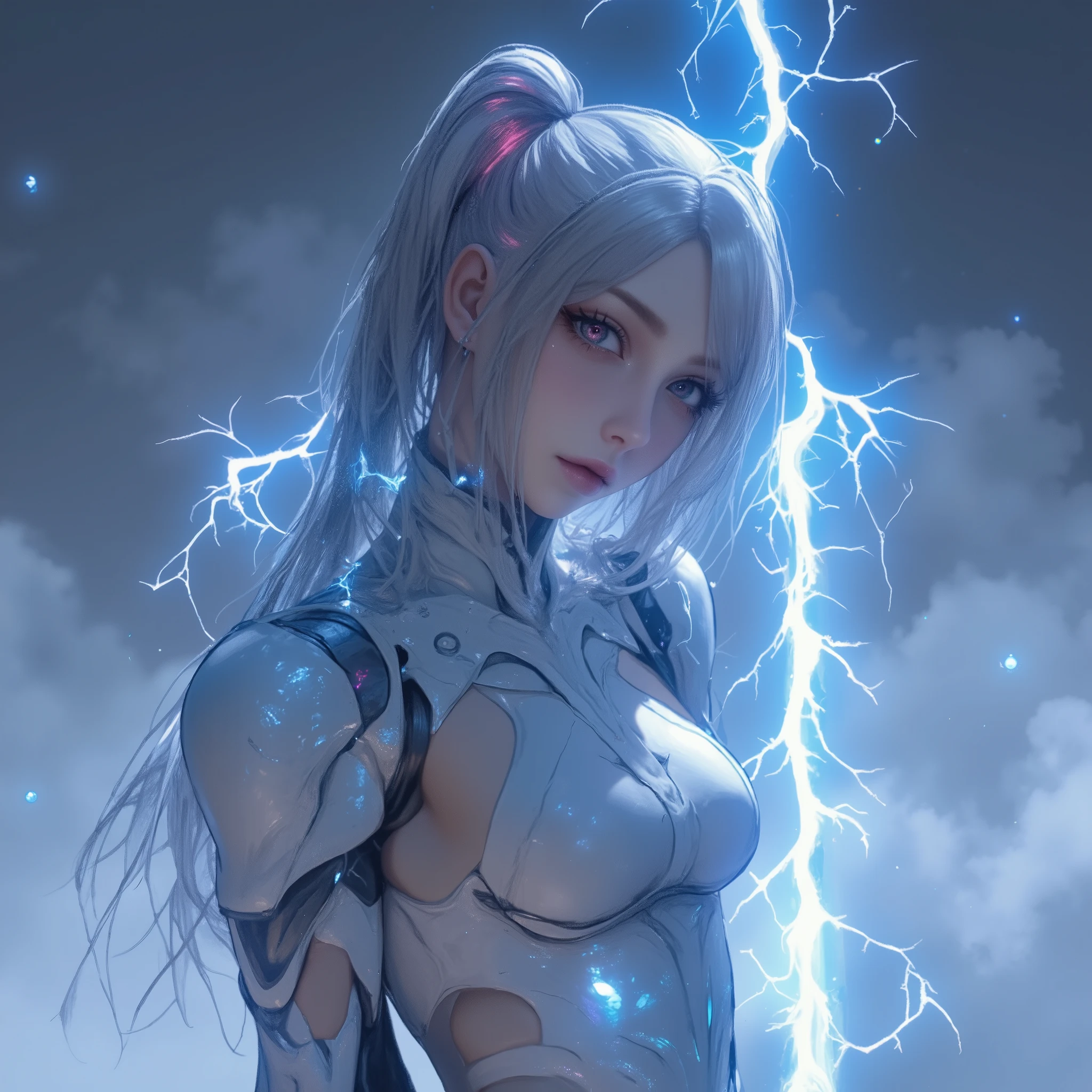 8k, Best Quality, masterpiece, realist, Victoria Villarruel dressed as Goku, ultrainstinct mode, ultrainstinct aura, very bright silver eyes, white aura around body, bright white long hair, floating hair raised, slim with wide hips, serious mocking expression. outdoor, clearing, plain, desert.