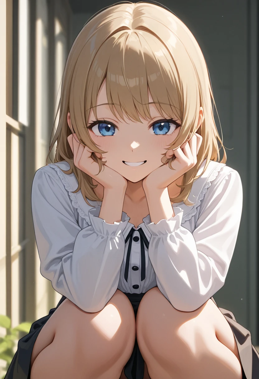 (One transcendent beautiful girl)、ultra-detailed、(8k, RAW photo, best quality, masterpiece:1.2), (extremely detailed 8k wallpaper),professional lighting,sharp focus, depth of field、(((Detailed and accurate face))),(((close up face)))、nfws,((blonde、short hair))、((20-year-old woman))、((Gal))、(Earrings).(((Shirt dress、stockings))),(boots)、((Shoulder bag)),((A room in an apartment))、(((entrance)))、(((Kneeling)))，(((look up at viewer、Looking up)))、((blush、Shy smiling blowjob))