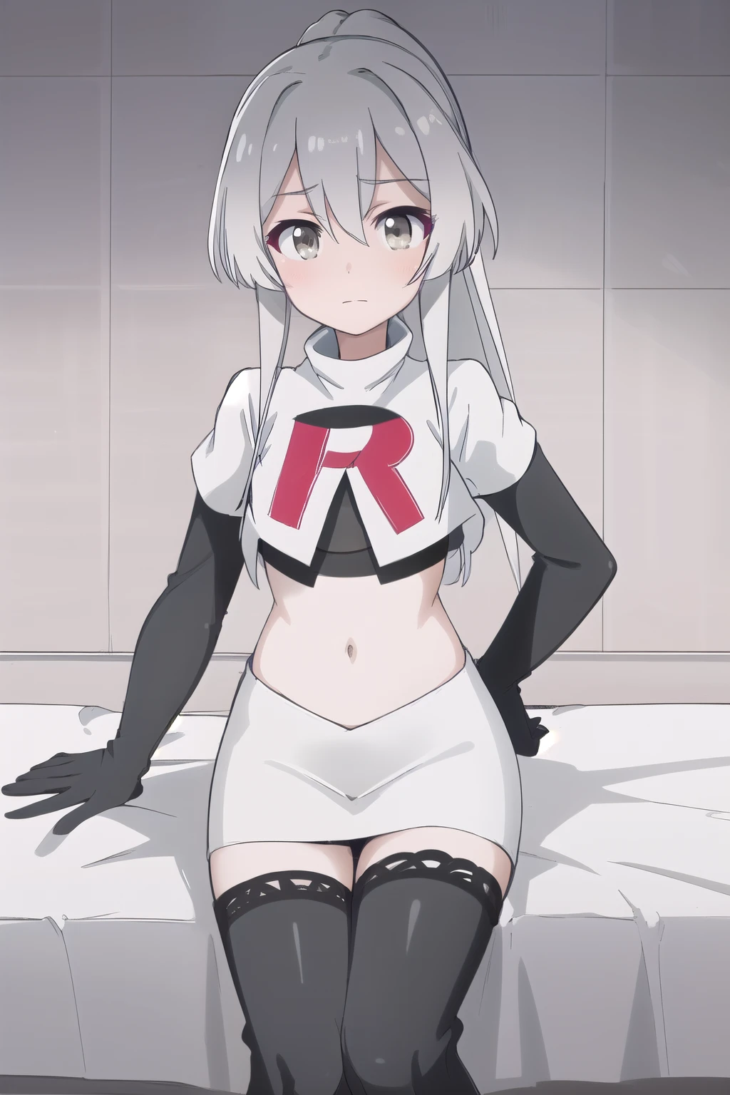 (masterpiece, best quality:1.2),illustration,8k,hd,1girl,solo,large_breasts,long_hair,hairband,bangs,purple_eyes,black_hairband,grey_hair,maid,jewelry,white_hair,pink_eyes,team rocket,team rocket uniform,white skirt,red letter R,crop top,black thigh-highs,black elbow gloves