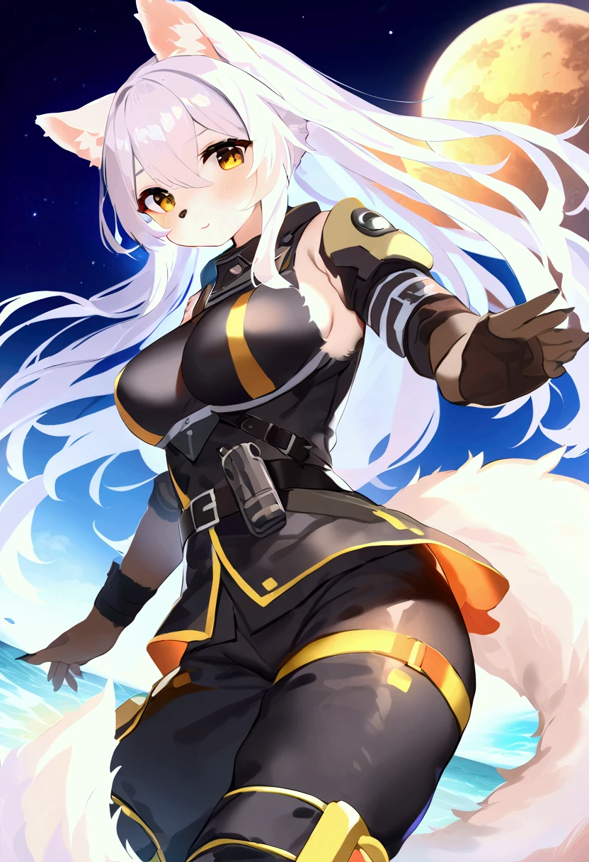 (top quality, best quality, Bogexboog, High-quality illustrations, masterpiece, perfect artwork, cinematic light and shading, 16k, 1080p, uploaded on e621)(kemono, furry, anthro, alone), 1 larger female, (very detailed body, face, tail, arms, hands, legs, head and eyes), Helldiver, white ferret/white weasel, Chiyuki Hanazomo, (Sdorica), breasts, white fur, fluffy, white ferret ears, white ferret fluffy tail, white ferret cute white hair, perfect eyes, yellow eyes, black pupils, beautiful Helldiver outfit, beautiful Helldiver armor, beautiful night, body movement, body twitching, jiggle physics,