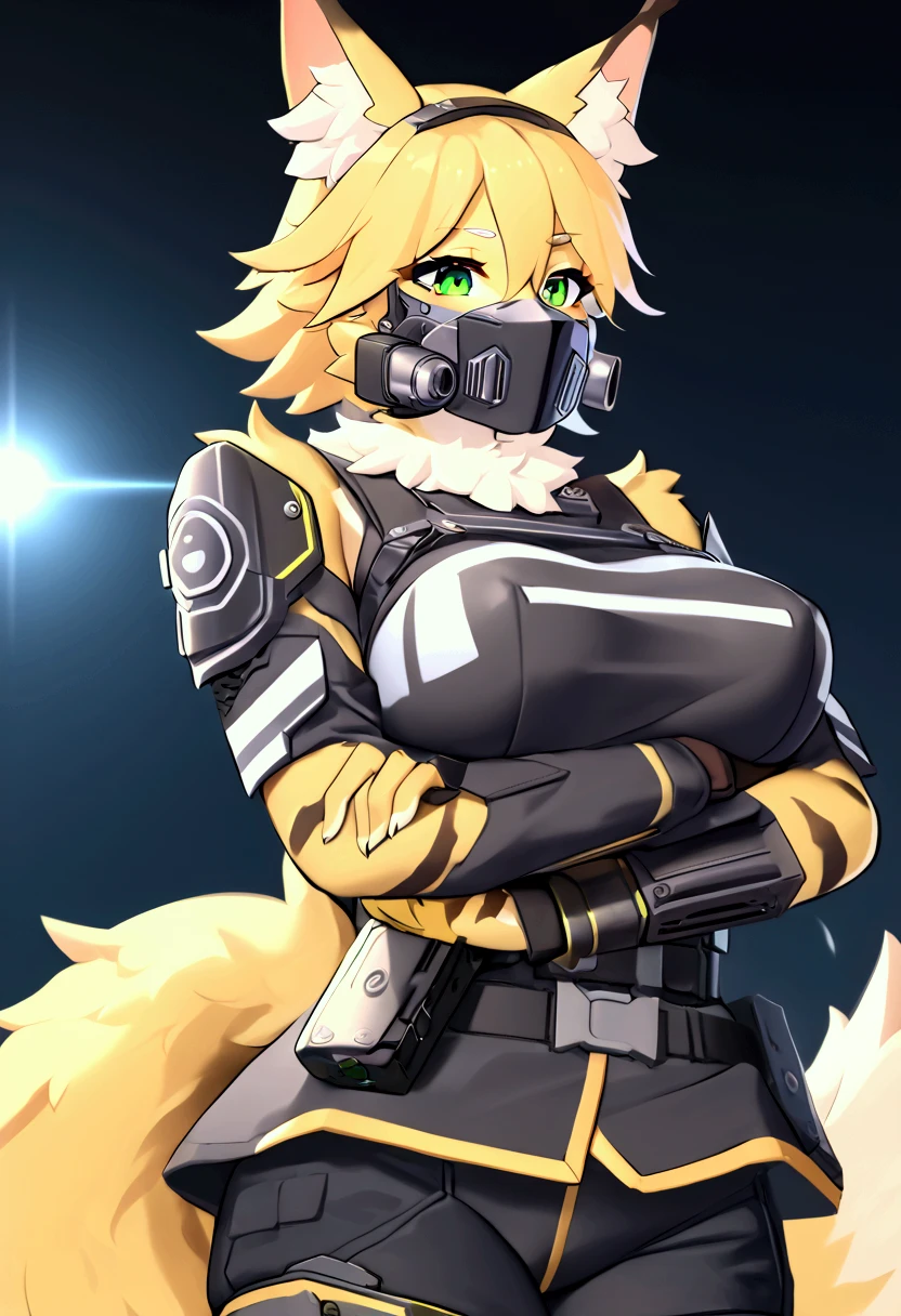 (top quality, best quality, High-quality illustrations, masterpiece, perfect artwork, cinematic light and shading, 16k, 1080p, uploaded on e621)(kemono, furry, anthro, alone), 1 larger female, (very detailed body, face, tail, arms, hands, legs, head and eyes), Helldiver, cat, Pulchra, (Zenless Zone Zero), big breasts, yellow fur, fluffy, striped fur, striped body, cat ears, cat fluffy tail, cat cute hair, perfect eyes, green eyes, black pupils, wearing a mask, beautiful Helldiver outfit, beautiful Helldiver armor, beautiful night, body movement, body twitching, jiggle physics,