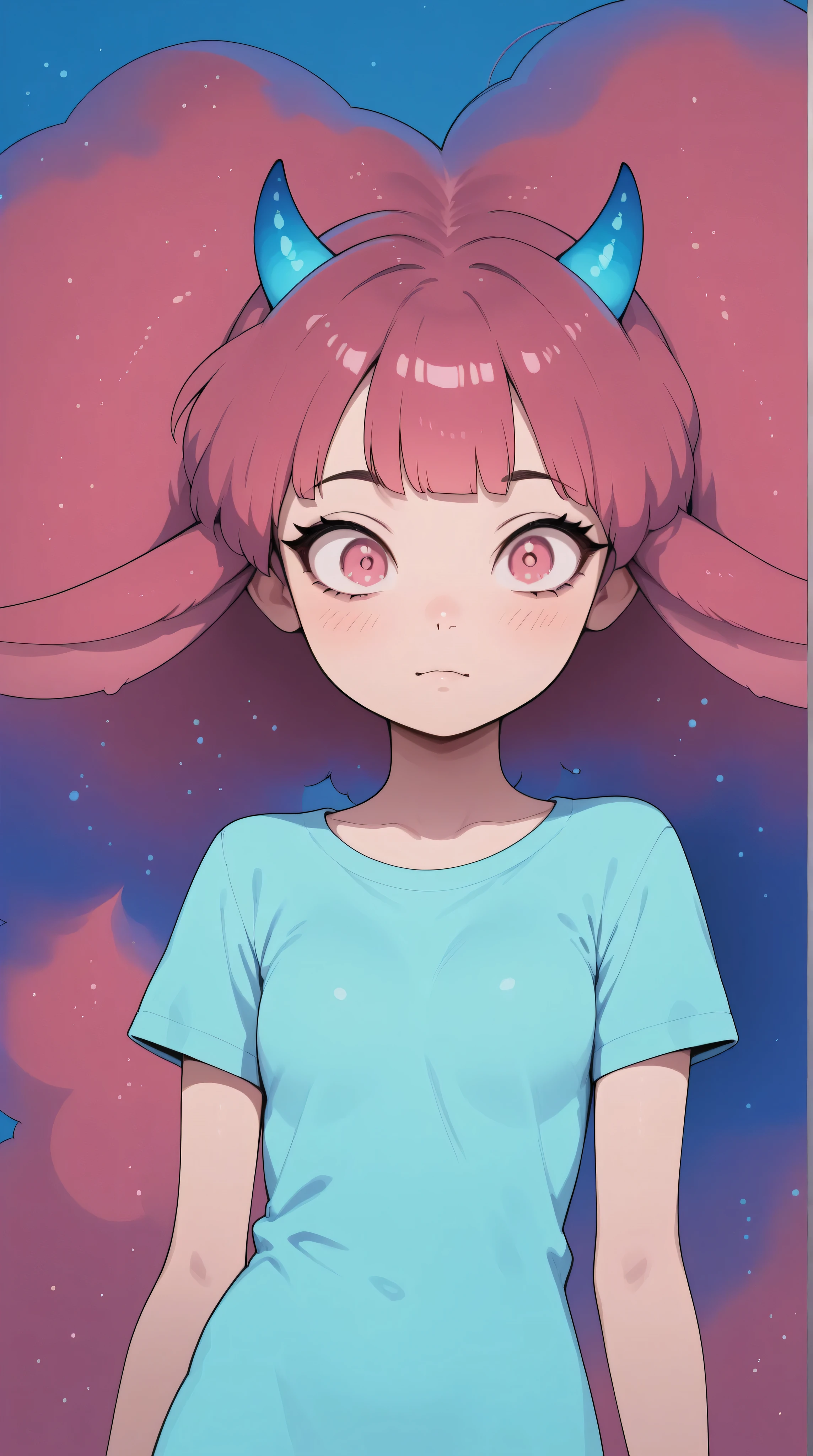 ((best quality)), ((masterpiece)), (detailed), perfect face, 1girl, nakano itsuki, smiling, whimsical, triad color pallette, hugging knees, looking at viewer, pink water droplets, smiling, flat colouring, full body, blank space on the left, fluffy red hair, star hairclips