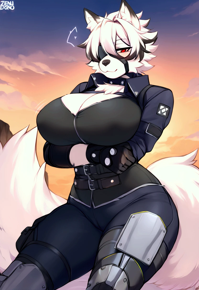 (top quality, best quality, Iriedono, High-quality illustrations, masterpiece, perfect artwork, cinematic light and shading, 16k, 1080p, uploaded on e621)(kemono, furry, anthro, alone), 1 larger female, (very detailed body, face, tail, arms, hands, legs, head and eyes), Helldiver, wolf, Von Lycaon, (Zenless Zone Zero), big breasts, fur, fluffy, wolf ears, wolf fluffy tail, wolf cute hair, having a prosthetic legs, perfect eyes, wearing a eye patch, red eyes, black pupils, beautiful Helldiver outfit, beautiful Helldiver armor, beautiful night, body movement, body twitching, jiggle physics,