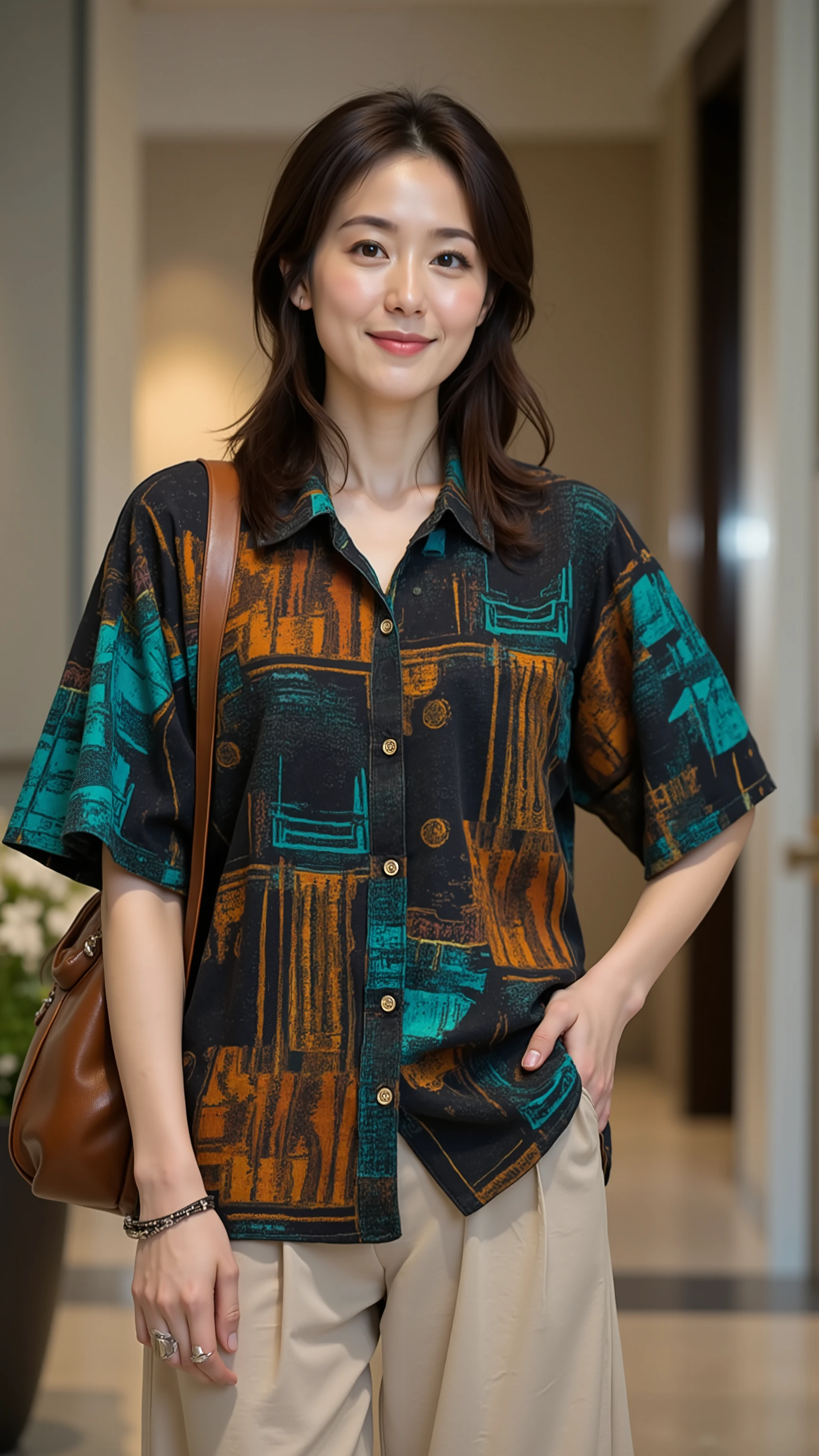 UHD, 16k, Masterpiece, top quality, Surrealism, Korean middle-aged woman,  ((  Black and multicolored shirts, shirts loose and slightly oversized style with short sleeves and a button-down front with collared sleeves, much of the shirt features geometric patterns of teal, orange, brown and black against a black background, wide beige leg trousers, brown leather shoulder bag, bracelet,  ))  