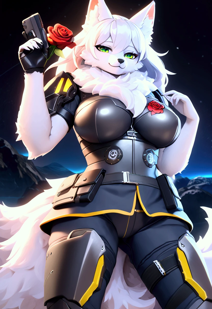 (top quality, best quality, High-quality illustrations, masterpiece, perfect artwork, cinematic light and shading, 16k, 1080p, uploaded on e621)(kemono, furry, anthro, alone), 1 larger female, (very detailed body, face, tail, arms, hands, legs, head and eyes), Helldiver, arctic white fox, white fur, fluff, beautiful rose tattoos on body, neck tuft, chest tuft, big breasts, thick thigs, five fluffy tails, perfect eyes, green eyes, black pupils, white long hair, rose hairpin, beautiful Helldiver outfit, beautiful Helldiver armor, beautiful night, body movement, body twitching, jiggle physics,