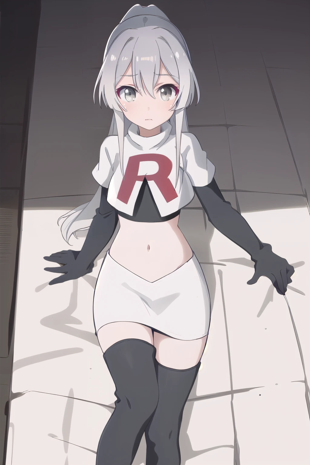 masterpiece, best quality,solo,white hair, green eyes,long hair, team rocket,team rocket uniform, red letter R, white skirt,white crop top,black thigh-highs,black elbow gloves