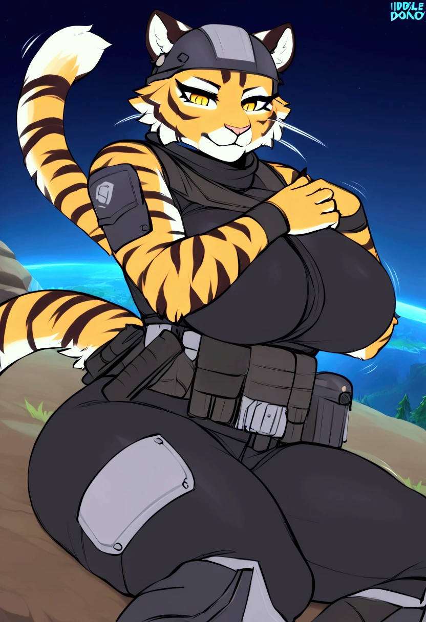 (top quality, best quality, Iriedono, High-quality illustrations, masterpiece, perfect artwork, cinematic light and shading, 16k, 1080p, uploaded on e621)(kemono, furry, anthro, alone), 1 larger female, (very detailed body, face, tail, arms, hands, legs, head and eyes), Helldiver, tiger, Oscar, (Fortnite), big breasts, thick thighs, fur, fluffy, tiger ears, tiger fluffy tail, perfect eyes, yellow eyes, black pupils, beautiful Helldiver outfit, beautiful Helldiver armor, beautiful night, body movement, body twitching, jiggle physics,