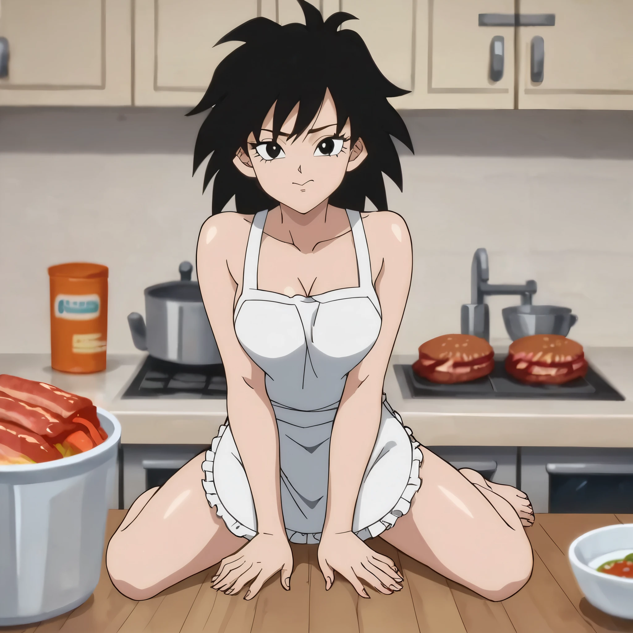 source_anime, score_9, score_8_up, score_7_up, anime screencap, absurd res, cocking, meat, vegetals, kitchen, 
official style, gine, 1girl, solo, breasts, looking at viewer, black hair, eyelashes, collarbone, medium hair, closed mouth, black eyes, spiked hair , jet back hair, medium breasts, confused, 
sitting, blurry,  blurry background, , 
naked wearing white  apron only, stretching , anime style, cute , beautiful , nice body, soft body,  off-shoulders, (naked wearing white  apron only), smile, closed mouth, pale skin, , smile, arranging her hair, 