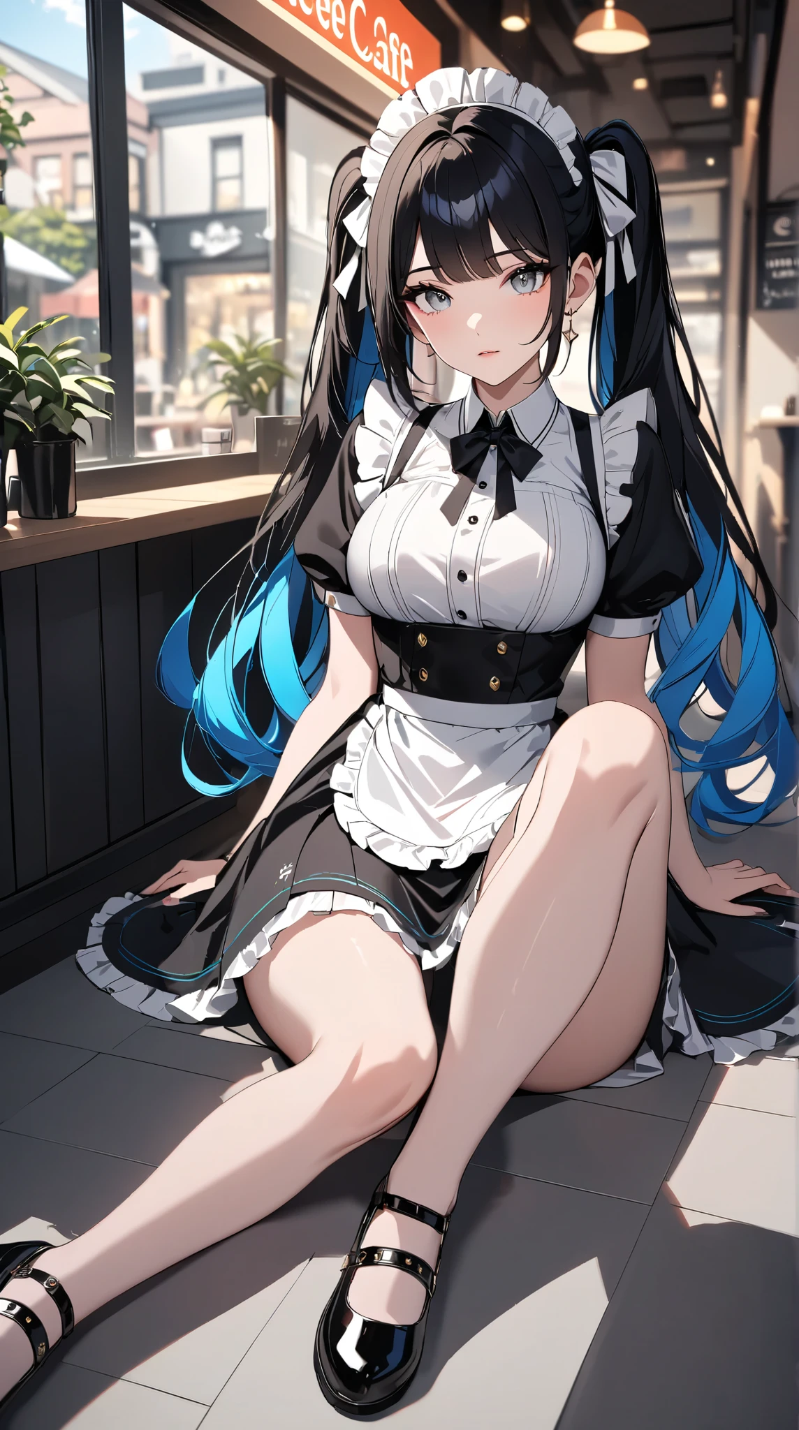 One girl, alone, Long Hair, blue eyes, Black Hair, Crown, Sitting, pantyhose, dress, bow, card, apron, hair band, playing card, View your viewers, Short sleeve, hair bow, blue hair band, smile, blush, put your hand on your face, blue dress, Alice (Alice in wonderland), Hair between the eyes, Chair, black pantyhose, blue bow, Throne, Puffy sleeves, Put your hand on your cheek, bangs, puffy Short sleeve, ribbon, very Long Hair, mini Crown, The legs are off the frame, Frills, white apron, :q, masterpiece, Highest quality, (((Lift up your skirt, White panties, Camel Toe))),Bigger breasts