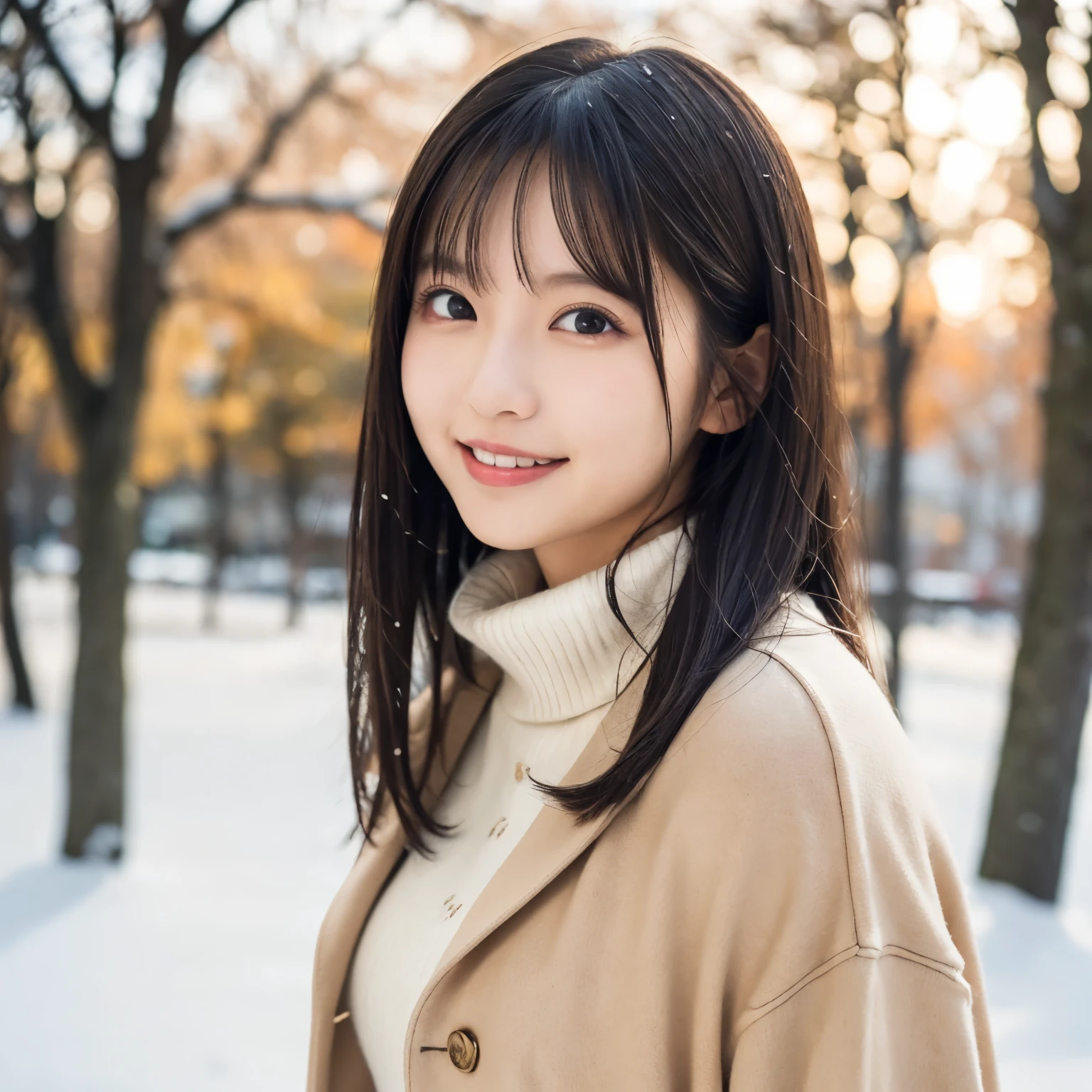  girl, busty,  black hair,  straight hair,  with bangs, 's greatest masterpiece,  professional lighting,  Wintery white turtleneck sweater,  Beige long coat ,  Snowy Park , tree々Winter landscape with snow piled up , Smile lightly,  Clear, wintery air and fun atmosphere 