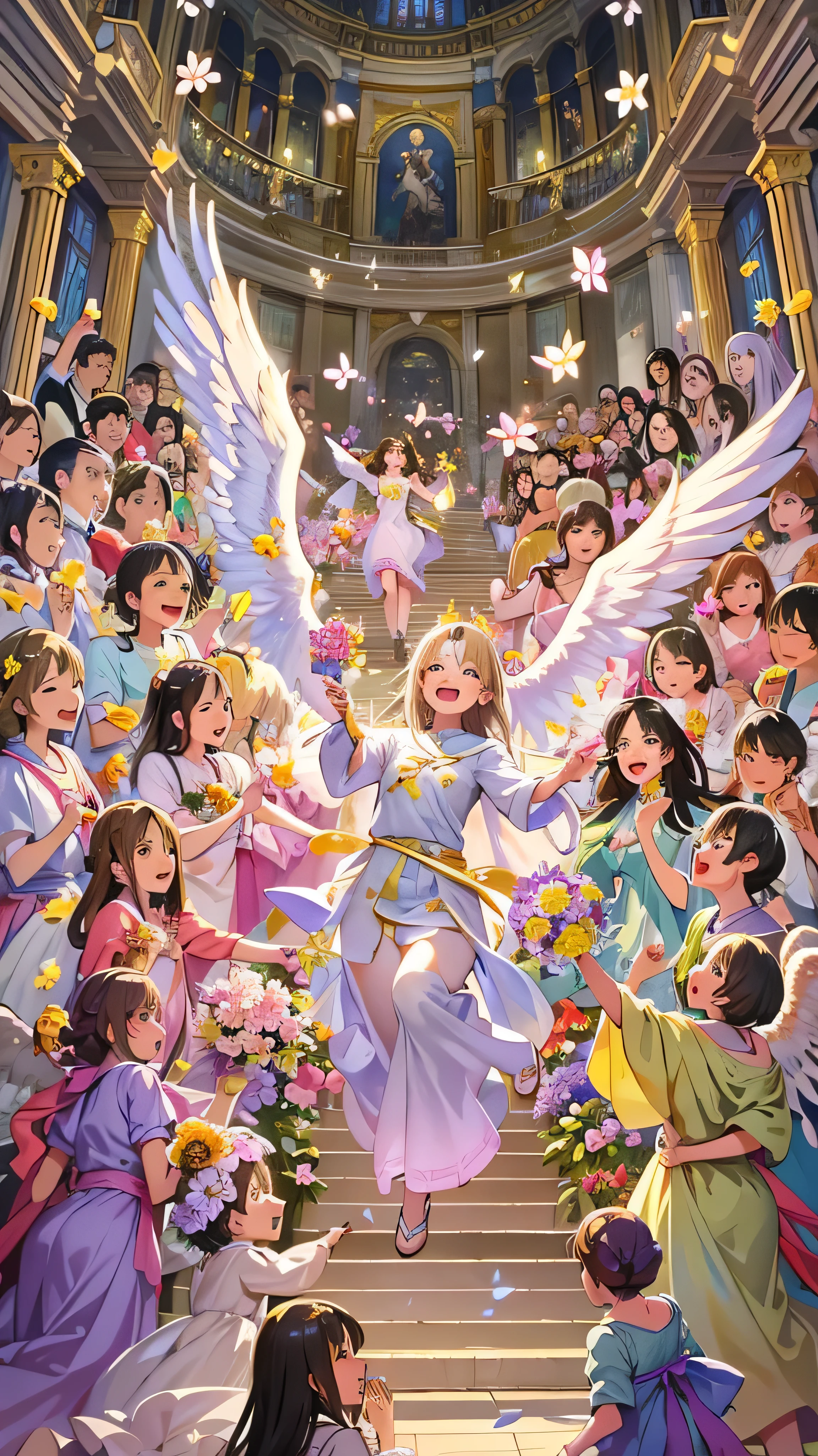  high-definition picture ，Angel Art, A large number of people々Surrounded by、 Everybody jump , smile, joy, heaven, like,  a staircase full of flowers,  happy, light, Let Joy explode。