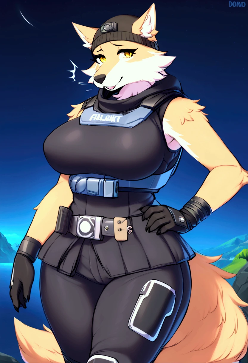 (top quality, best quality, Iriedono, High-quality illustrations, masterpiece, perfect artwork, cinematic light and shading, 16k, 1080p, uploaded on e621)(kemono, furry, anthro, alone), 1 larger female, (very detailed body, face, tail, arms, hands, legs, head and eyes), Helldiver, wolf, Wendell, (Fortnite), big breasts, thick thighs, fur, fluffy, wolf ears, wolf fluffy tail, perfect eyes, yellow eyes, black pupils, wearing a beanie, beautiful Helldiver outfit, beautiful Helldiver armor, beautiful night, body movement, body twitching, jiggle physics,