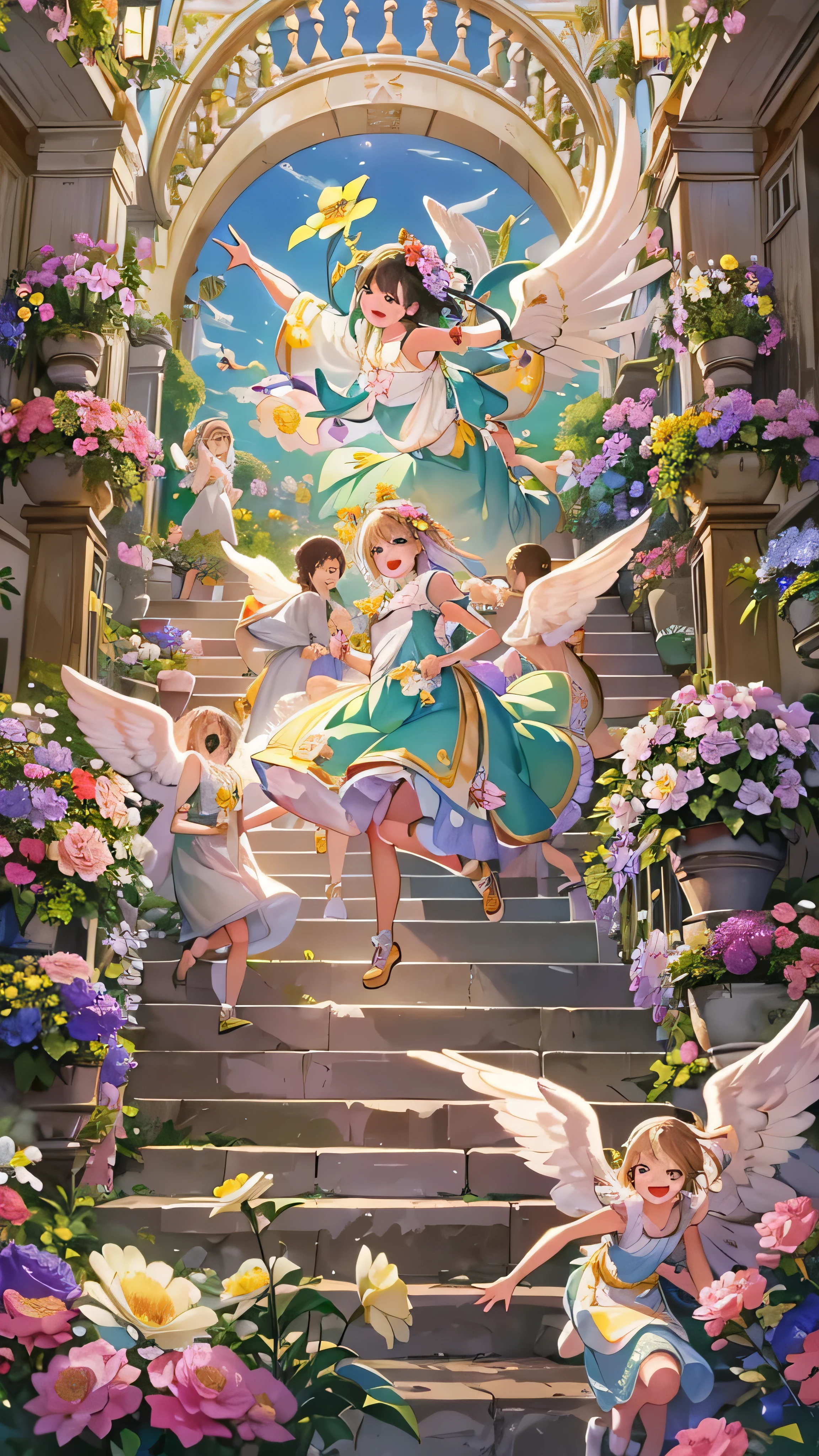  high-definition picture ，Angel Art, A large number of people々Surrounded by、 Everybody jump , smile, joy, heaven, like,  a staircase full of flowers,  happy, light, Let Joy explode。