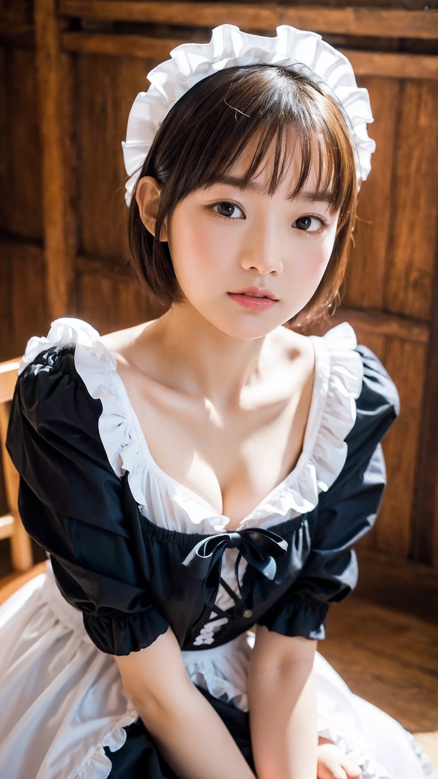 ((5-years-old)), ((Japanese)),((little-girl)),(extra short hair cut),(from an angle), sidelocks-hair, 1 Girl)), Ultra High Resolution, (Realistic: 1.4), RAW Photo, Best Quality, (Photorealistic), Focus, Soft Light, ((5-years-old)), (Japanese),((little-girl)), (surface), (depth of field), masterpiece, (realistic), wearing highly detailed (maid clothes with frills and ribbon), bangs,cleavage