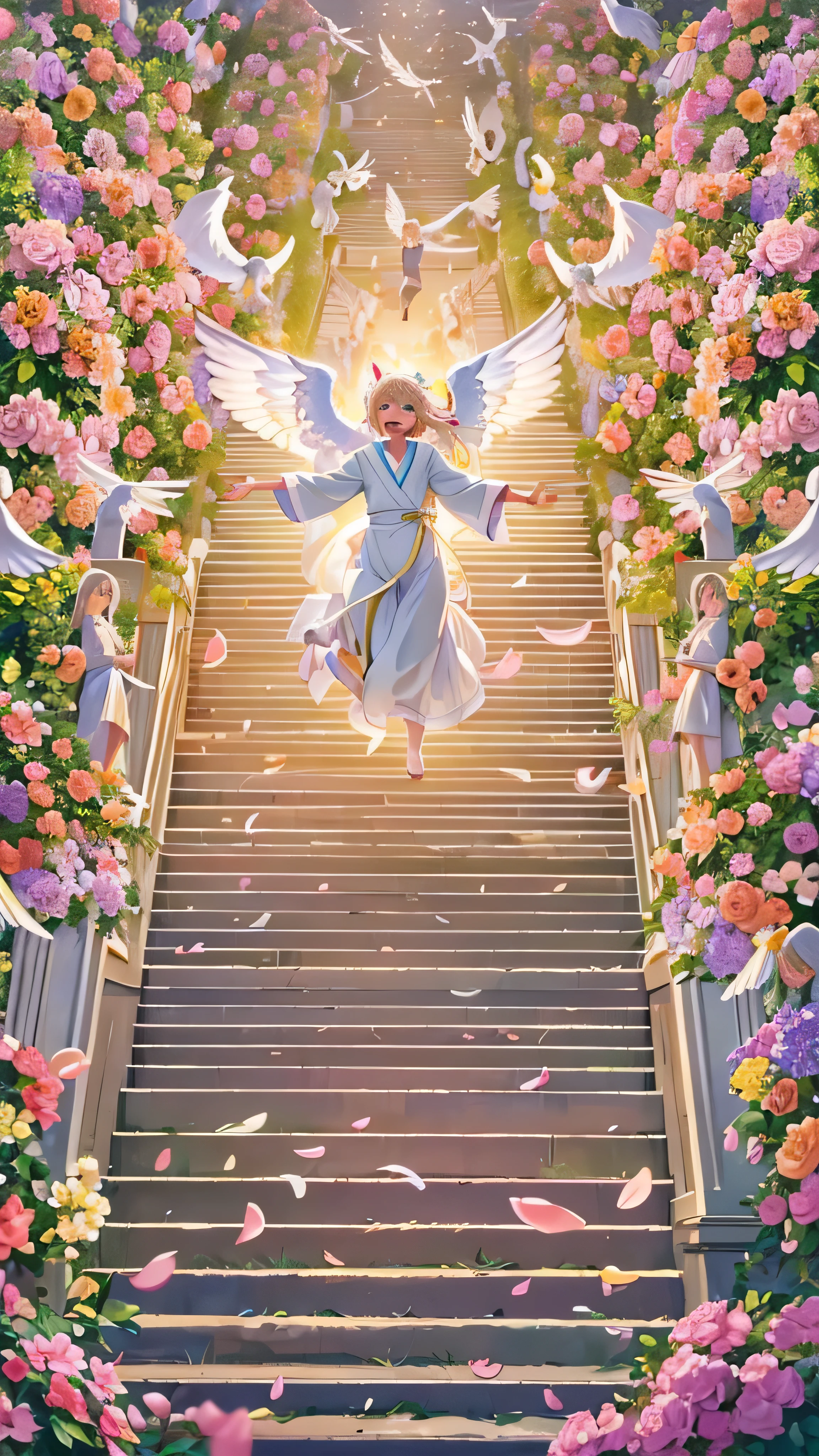  high-definition picture ，Angel Art, A large number of people々Surrounded by、 Everybody jump , smile, joy, heaven, like,  a staircase full of flowers,  happy, light, Let Joy explode。