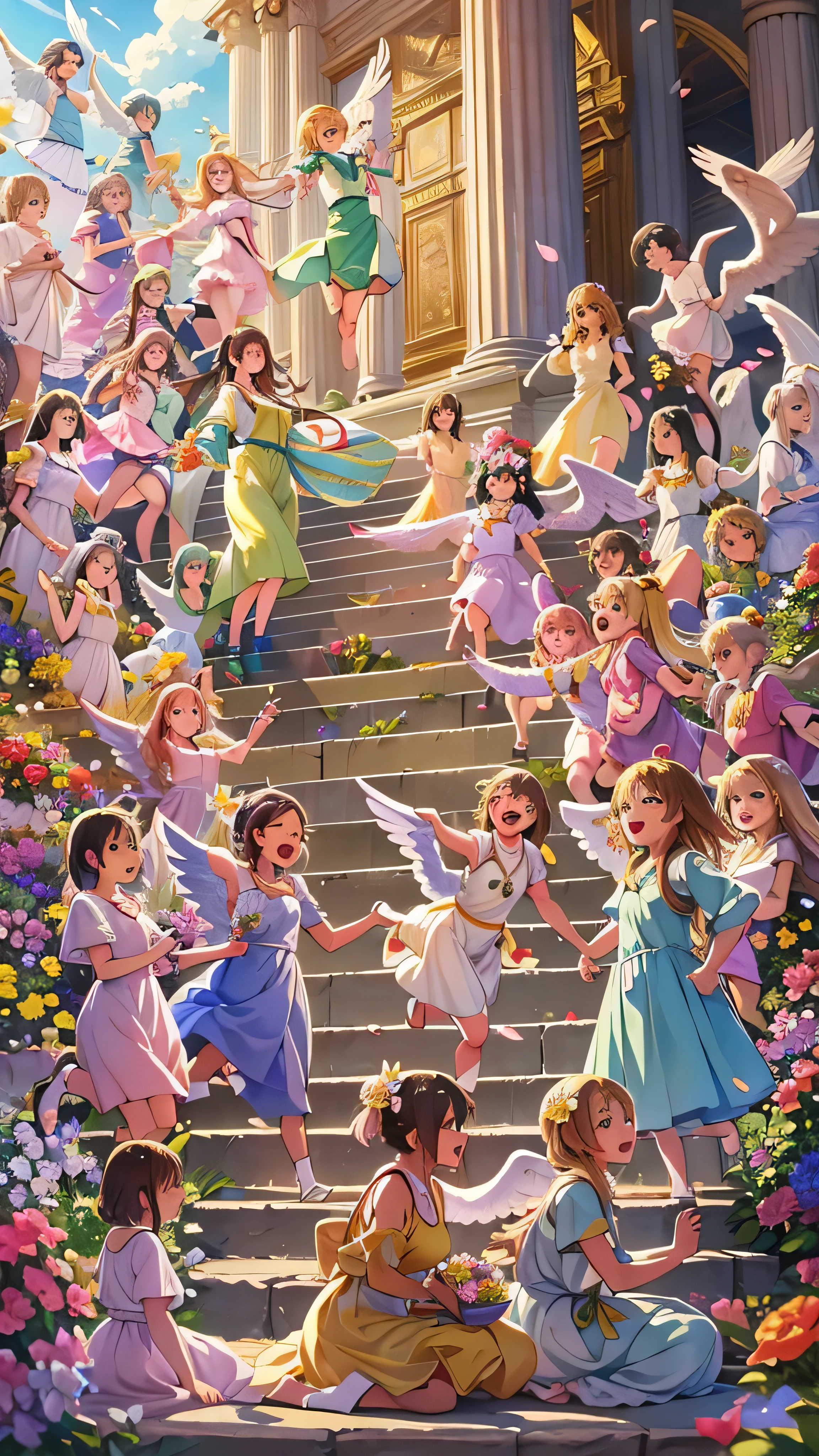  high-definition picture ，Angel Art, A large number of people々Surrounded by、 Everybody jump , smile, joy, heaven, like,  a staircase full of flowers,  happy, light, Let Joy explode。