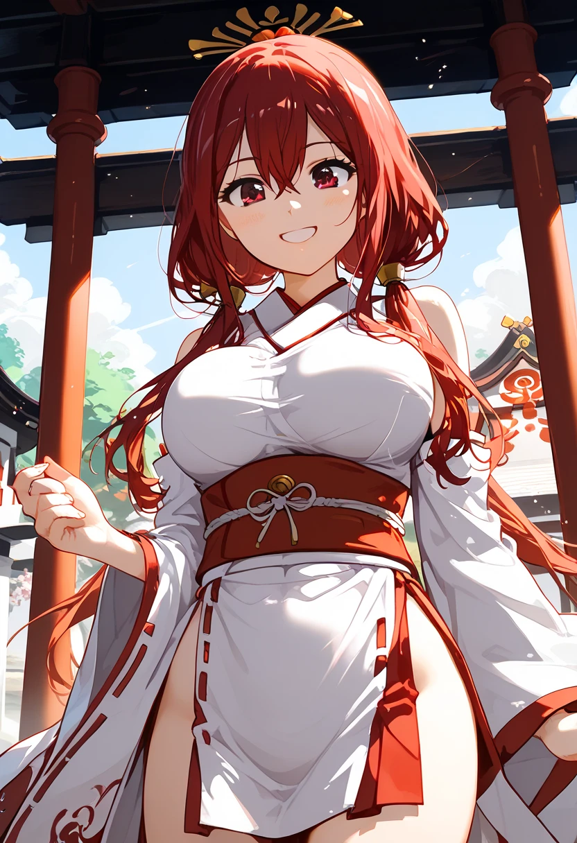 masterpiece, soft light, (((highest quality, perfect anatomy, cowboy  shot,))), 1girl,  at shrine,  BREAK 

(((from front, shrine maiden,))) (( standing, happy, smile,)) place your hand in front of your stomach, BREAK

(super beautiful, cute, silky skin),  wahuku, BREAK 

erza scarlet, long hair, (((low twintails,))) red hair, hair between eyes, brown eyes, large breasts,    BREAK