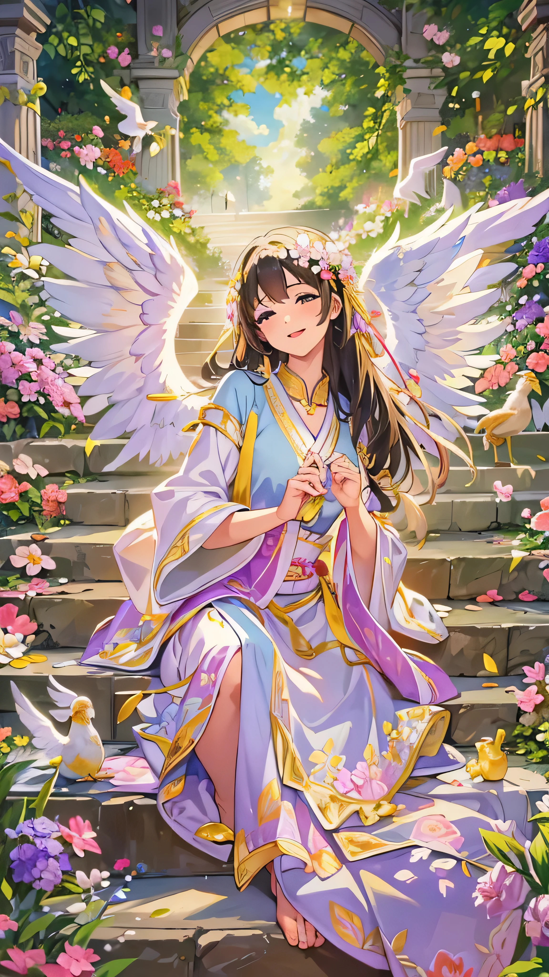  high-definition picture ，Angel Art, Many Gods 々Surrounded by、 All smiles, joy, heaven, like,  A Staircase Full of Flowers,  happy, light, Let Joy explode。