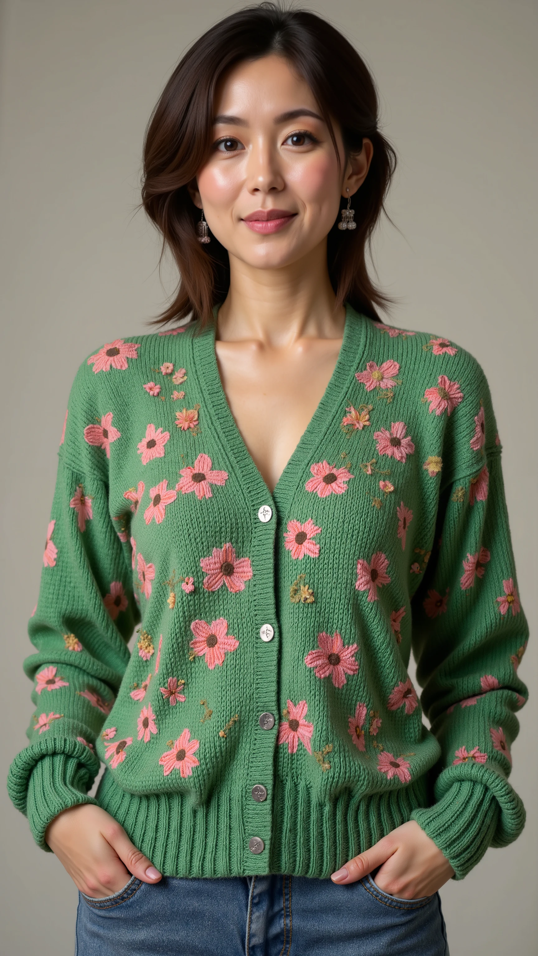 UHD, 16k, Masterpiece, top quality, Surrealism, Korean middle-aged woman,  ((  green cardigan with pink flower pattern, flower design is rather abstract, pink flowers scattered on green fabric, knit material, cardigan slightly oversized fit, bright jeans, bohemian  ))  