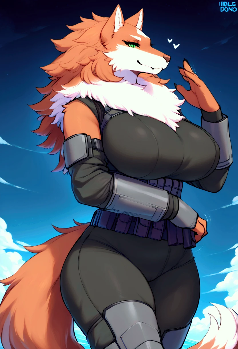 (top quality, best quality, Iriedono, High-quality illustrations, masterpiece, perfect artwork, cinematic light and shading, 16k, 1080p, uploaded on e621)(kemono, furry, anthro, alone), 1 larger female, (very detailed body, face, tail, arms, hands, legs, head and eyes), Helldiver, wolf, Fel, (Cooking In Another World with My Absurd Skill), big breasts, thick thighs, fur, fluffy, wolf ears, wolf fluffy tail, perfect eyes, green eyes, black pupils, beautiful Helldiver outfit, beautiful Helldiver armor, beautiful night, body movement, body twitching, jiggle physics,