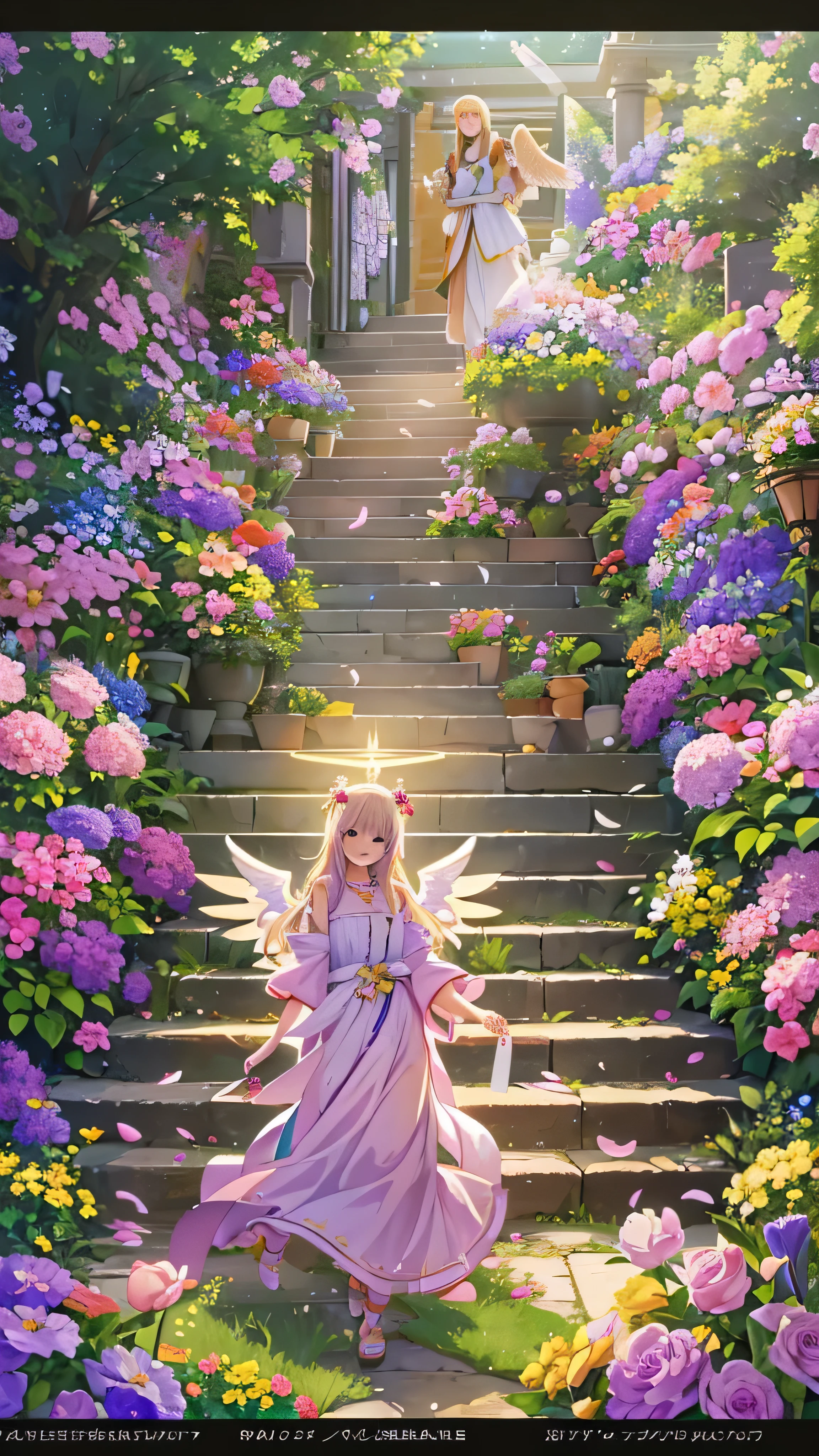  high-definition picture ，Angel Art, Many Gods 々Surrounded by、 All smiles, joy, heaven, like,  A Staircase Full of Flowers,  happy, light, Let Joy explode。