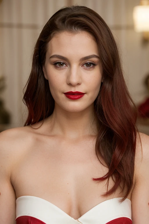 generate me a brunette model who is very attractive with red lipstick 