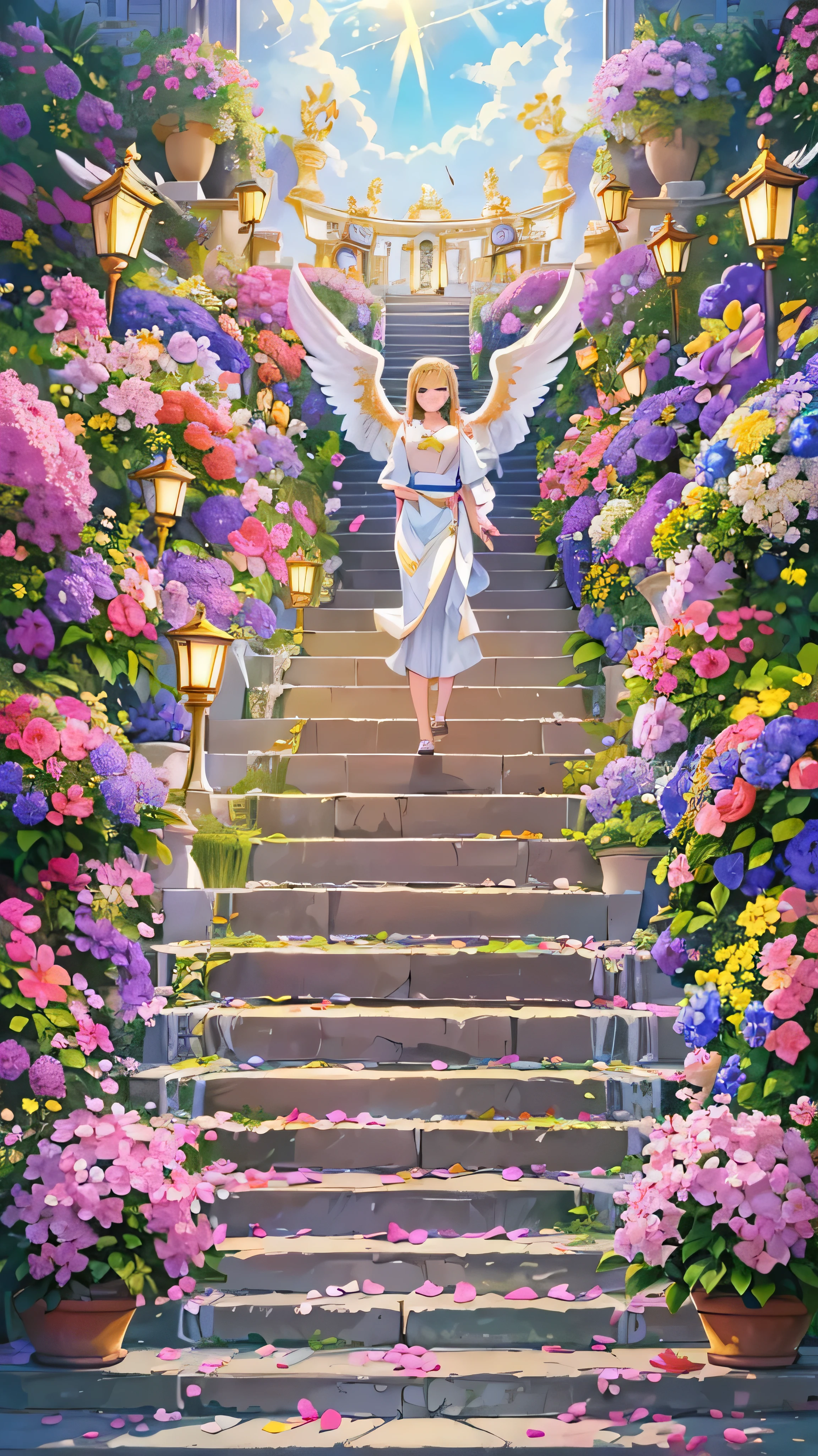  high-definition picture ，Angel Art, Many Gods 々Surrounded by、 All smiles, joy, heaven, like,  A Staircase Full of Flowers,  happy, light, Let Joy explode。