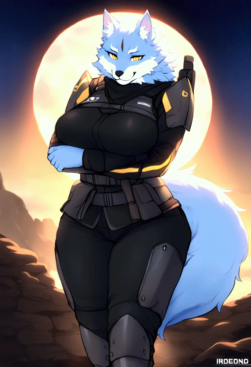 (top quality, best quality, Iriedono, High-quality illustrations, masterpiece, perfect artwork, cinematic light and shading, 16k, 1080p, uploaded on e621)(kemono, furry, anthro, alone), 1 larger female, (very detailed body, face, tail, arms, hands, legs, head and eyes), Helldiver, wolf, Law, (Sdorica), big breasts, fur, fluffy, wolf ears, wolf fluffy tail, perfect eyes, yellow eyes, black pupils, beautiful Helldiver outfit, beautiful Helldiver armor, beautiful night, body movement, body twitching, jiggle physics,