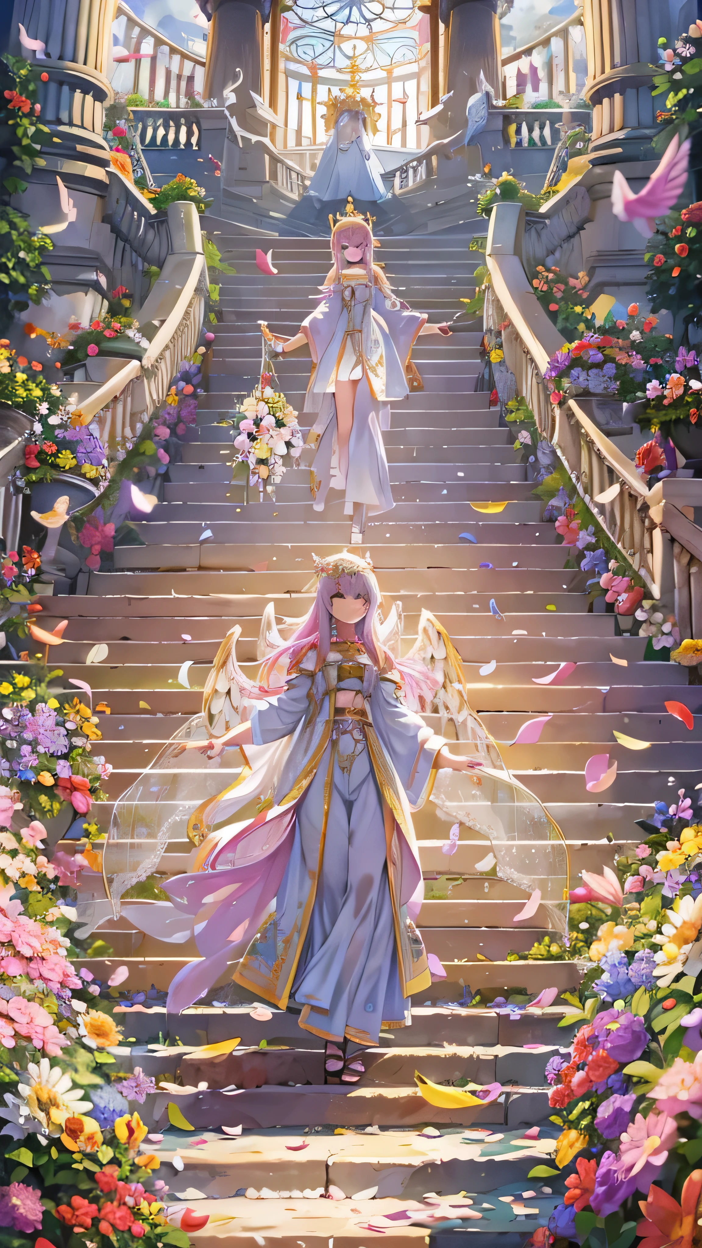  high-definition picture ，Angel Art, A lot of people at the Sun Temple々Surrounded by、 All smiles, joy, heaven, like,  A Staircase Full of Flowers,  happy, Bathed in light, Let Joy explode。