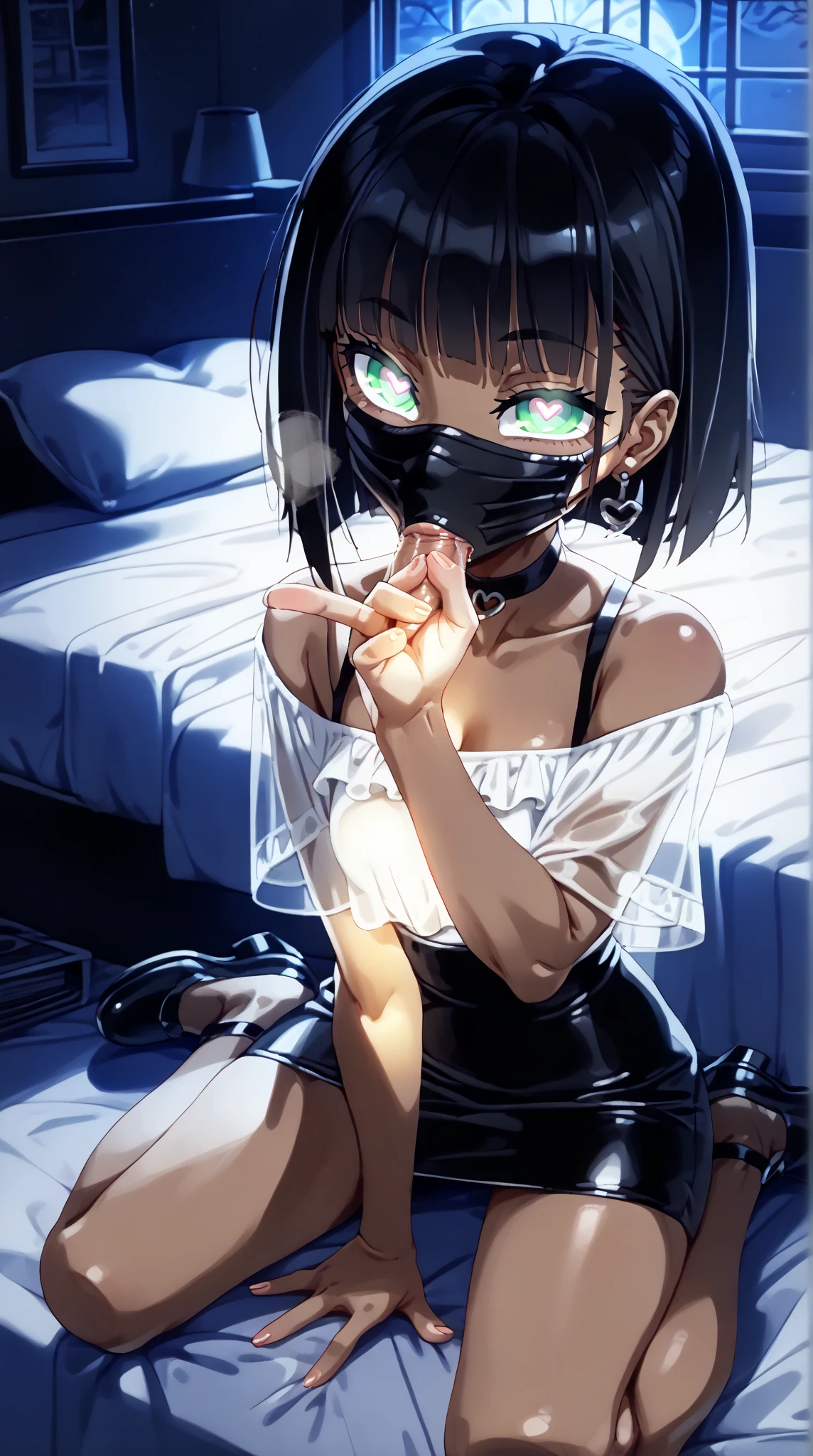  masterpiece,highest quality,High resolution,Very detailed,bb Festival,skinny,Ahoge,Black Hair,(  Captivating smile ),skinny,Hair between the eyes,bangs,Hair Dark Brown Skin、Ribbon,Black Choker,Earrings,Black Ribbon,pleats shirt,Grey Shirt,shoulder cutout,Short sleeve,See-through sleeves,Black Skirt,High Waist Skirt,(Perfect Fingers ) ,  shoes,(black shoes:1.4),Race trim,shoes,Black footwear,indoor,(sexy bed:1.2),((Heart-shaped pupils:1.3, Blowjob Gestures:1.5))、Open your mouth ,Sitting, bed ,Heavy breathing ,Hand in front of your mouth,Hand in front of mouth, Small face、manga,text,magazine、(Black mask:1.2, mask pull:1.3, Dark Room:1.5, Dim lighting:1.5)、(Sharp Eye、Vulgarity、night:1.8, Dim lighting:1.6, Love Hotel:1.8)、(Nikke naga),