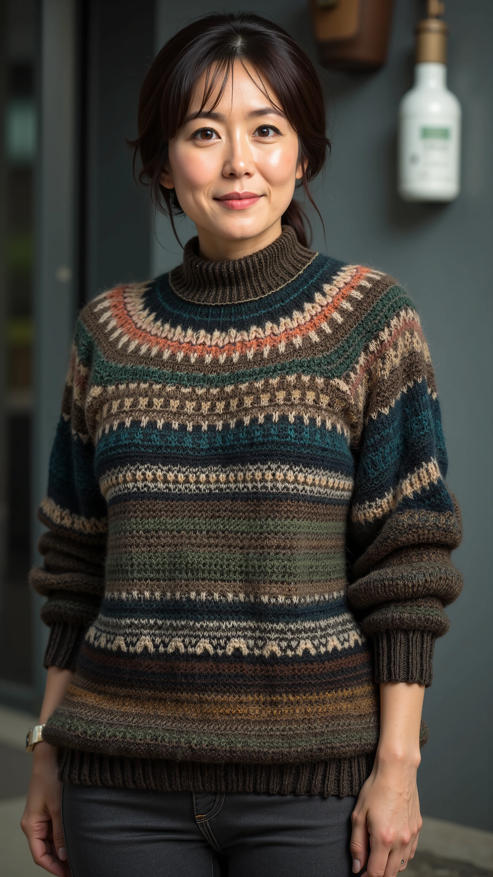 UHD, 16k, Masterpiece, top quality, Surrealism, Korean middle-aged woman,  ((  Multicolored patterned sweaters, sweaters are usually dark green, brown, and blue with intricate patterns and horizontal stripes woven into the design. It looks like a knit or wool blend, with a high neckline and a little pleated. The sleeves are long and a little bit clustered at the sleeves. Dark grey denim pants  ))  