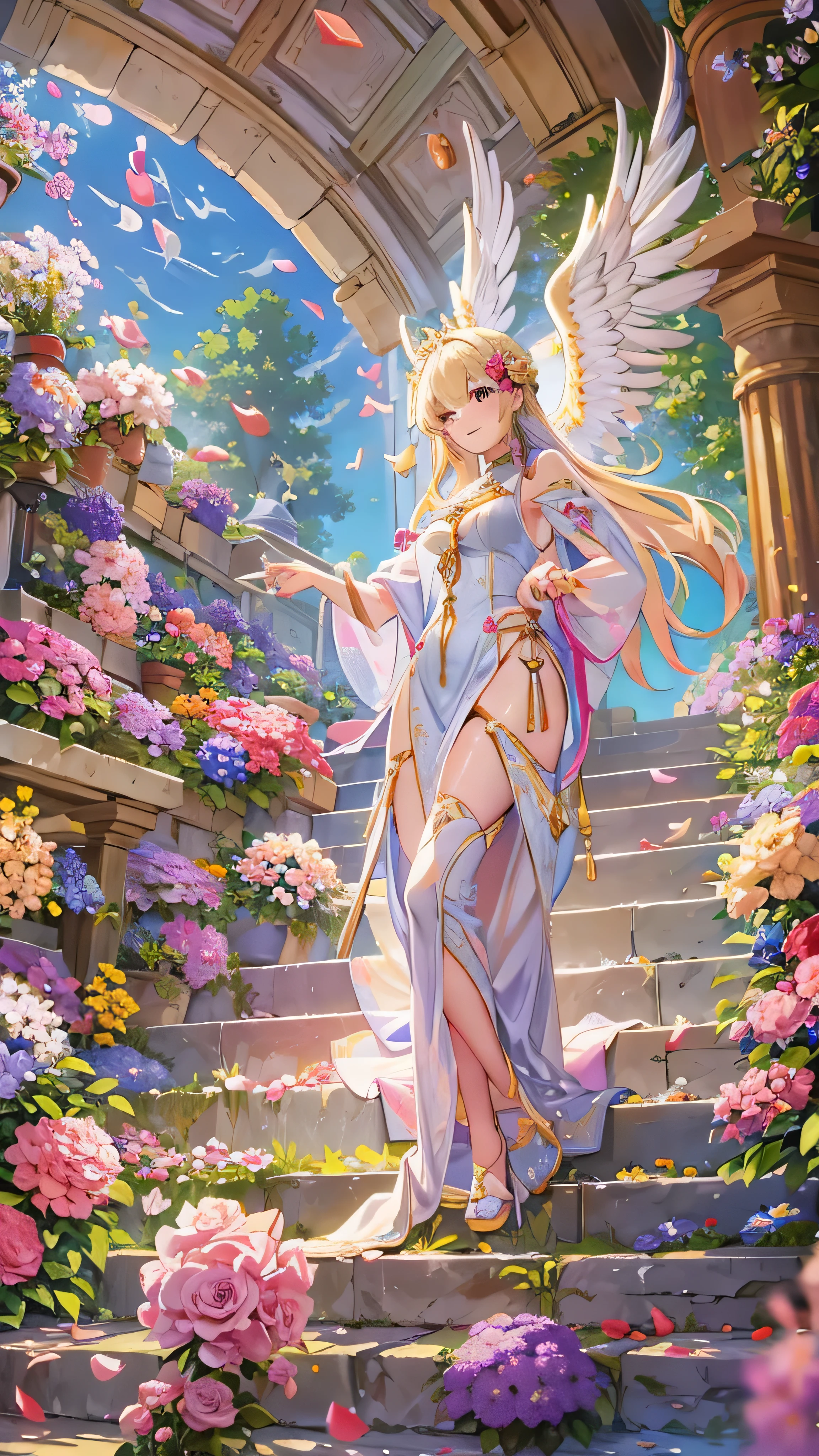 high-definition picture ,Angel Art, A lot of people at the Sun Temple々Surrounded by、 All smiles, joy, heaven, like, A Staircase Full of Flowers, happy, Bathed in light, Let Joy explode。