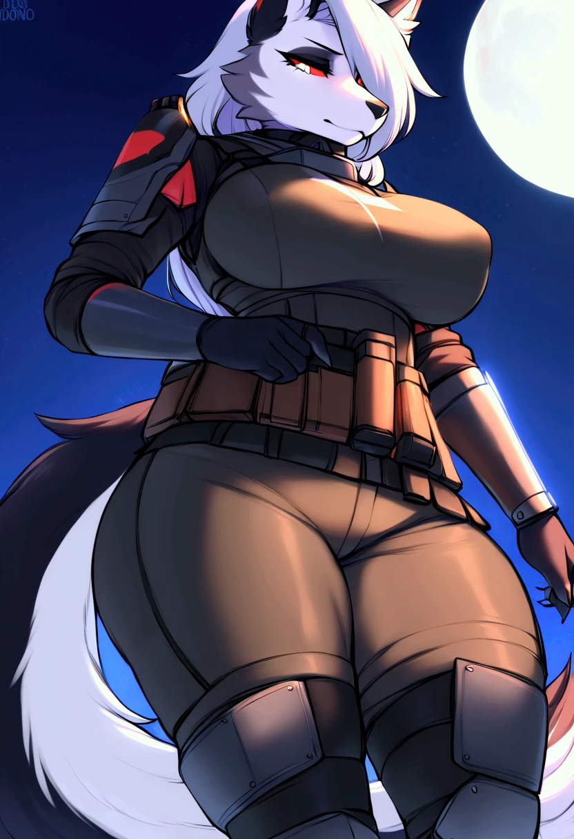 (top quality, best quality, Iriedono, High-quality illustrations, masterpiece, perfect artwork, cinematic light and shading, 16k, 1080p, uploaded on e621)(kemono, furry, anthro, alone), 1 larger female, (very detailed body, face, tail, arms, hands, legs, head and eyes), Helldiver, hellhound, Loona, (Helluva Boss), big breasts, thick thighs, fur, fluffy, hellhound ears, hellhound fluffy tail, perfect eyes, red eyes, beautiful Helldiver outfit, beautiful Helldiver armor, beautiful night, body movement, body twitching, jiggle physics,