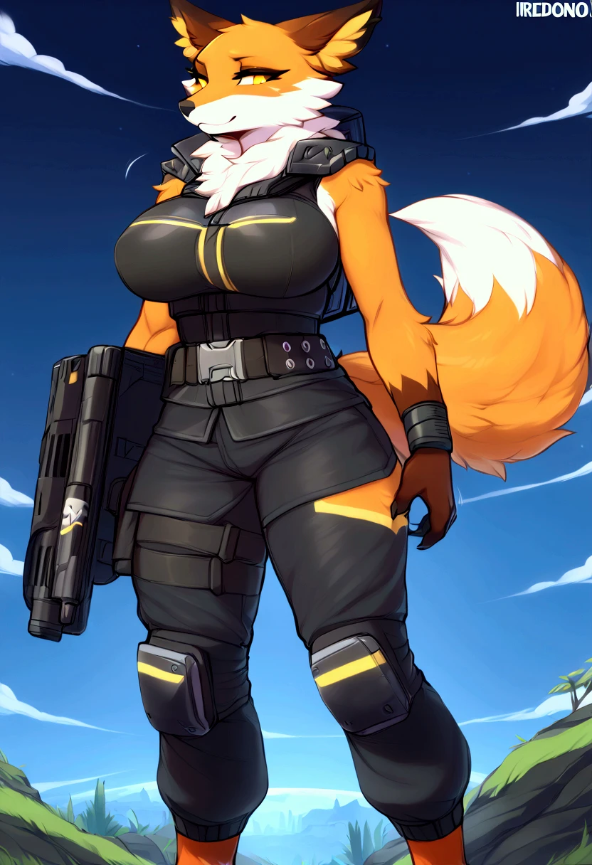 (top quality, best quality, Iriedono, High-quality illustrations, masterpiece, perfect artwork, cinematic light and shading, 16k, 1080p, uploaded on e621)(kemono, furry, anthro, alone), 1 larger female, (very detailed body, face, tail, arms, hands, legs, head and eyes), Helldiver, fox, Fennix, (Fortnite), big breasts, thick thighs, fur, fluffy, fox ears, fox fluffy tail, perfect eyes, yellow eyes, black pupils, beautiful Helldiver outfit, beautiful Helldiver armor, beautiful night, body movement, body twitching, jiggle physics,