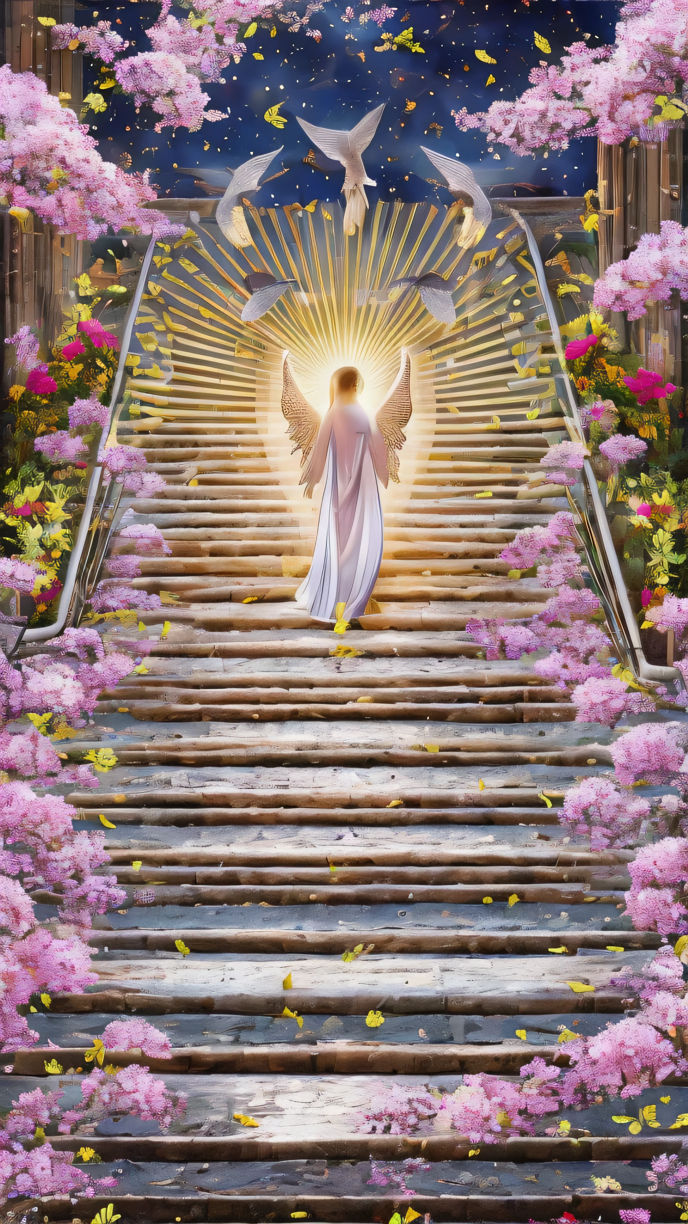  high-definition picture ，Angel Art, A lot of people at the Sun Temple々Surrounded by、 All smiles, joy, heaven, like,  A Staircase Full of Flowers,  happy, Bathed in light, Let Joy explode。